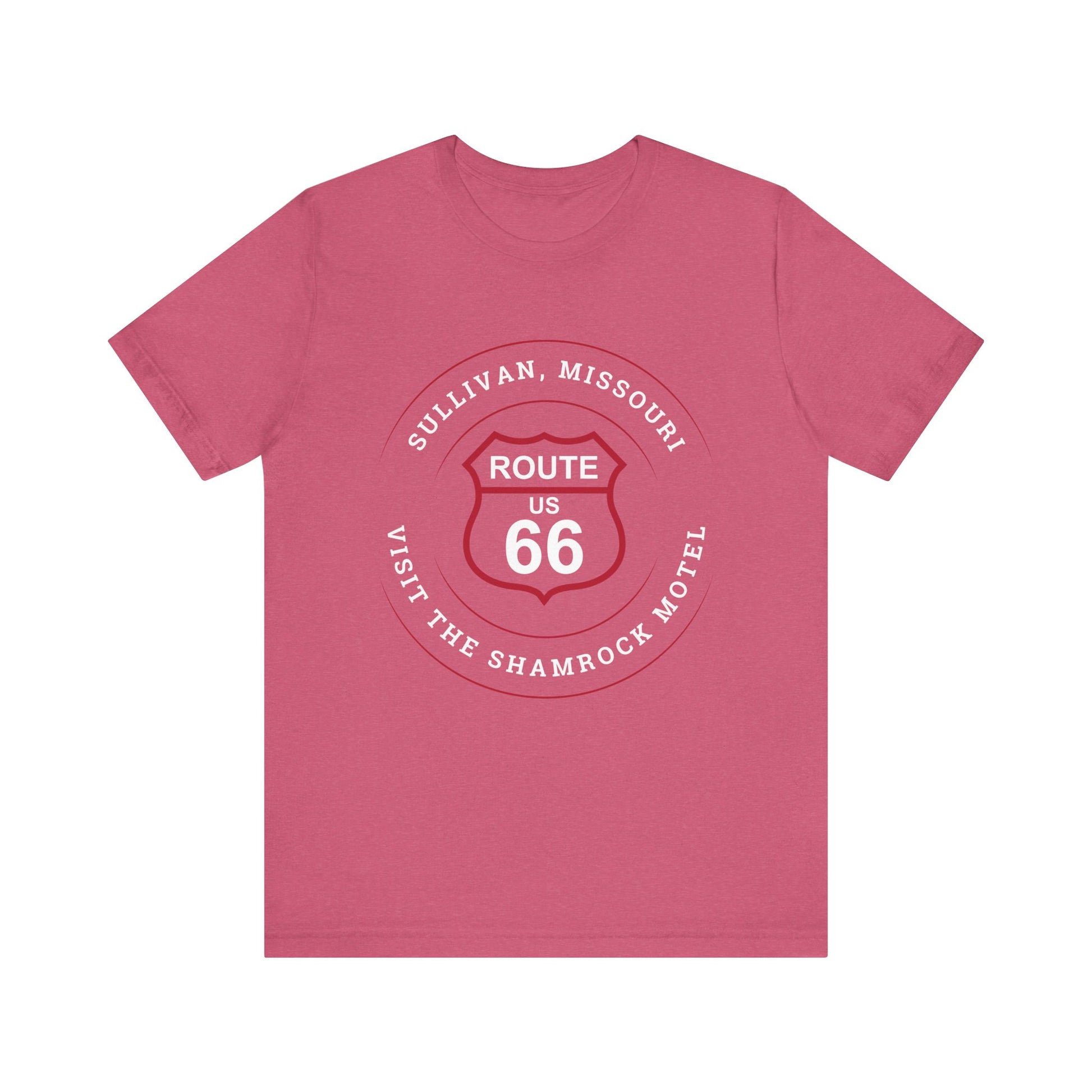 Heather raspberry retro Route 66 unisex jersey tee with Sullivan, MO: "Visit the Shamrock Motel" design