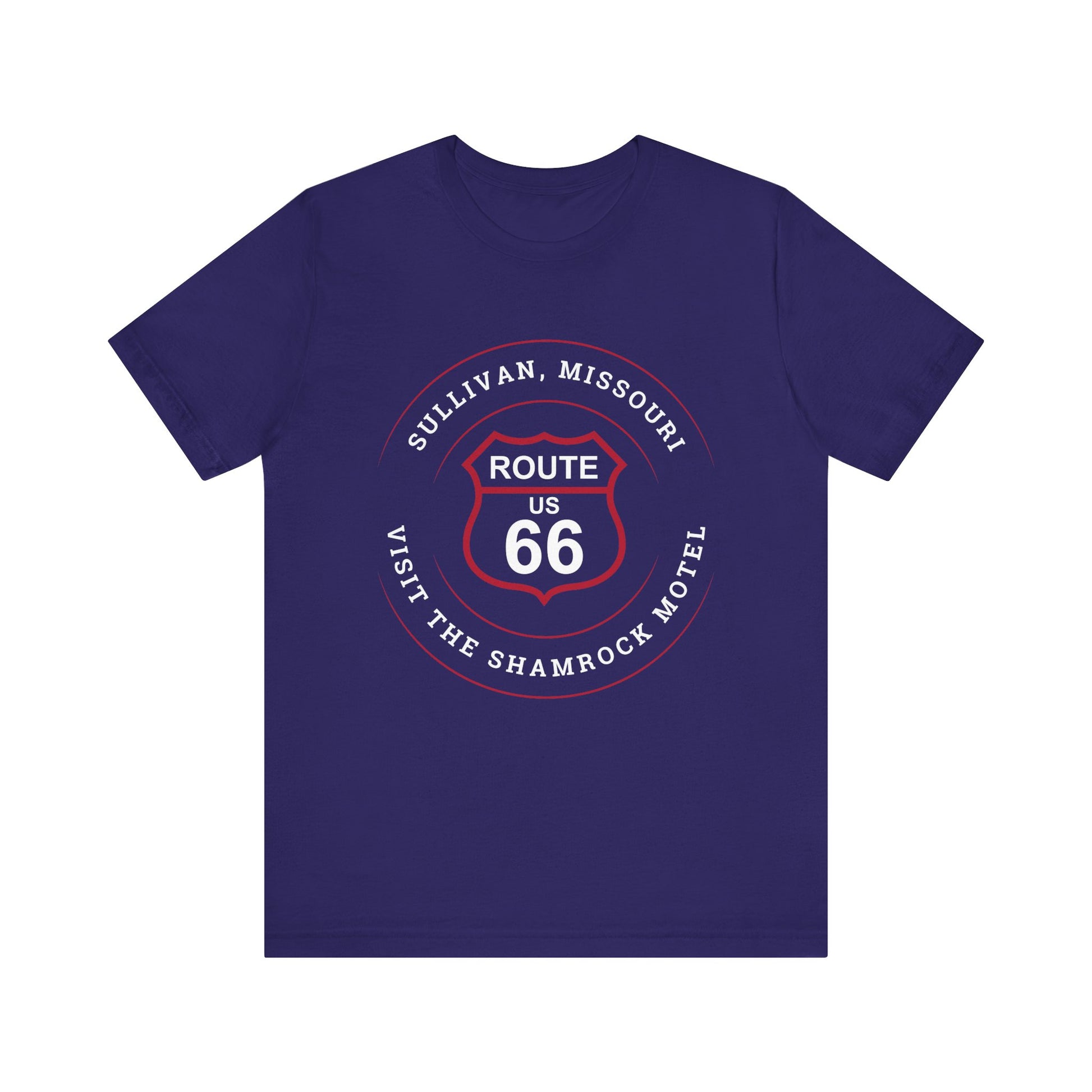 Team navy retro Route 66 unisex jersey tee with Sullivan, MO: "Visit the Shamrock Motel" design
