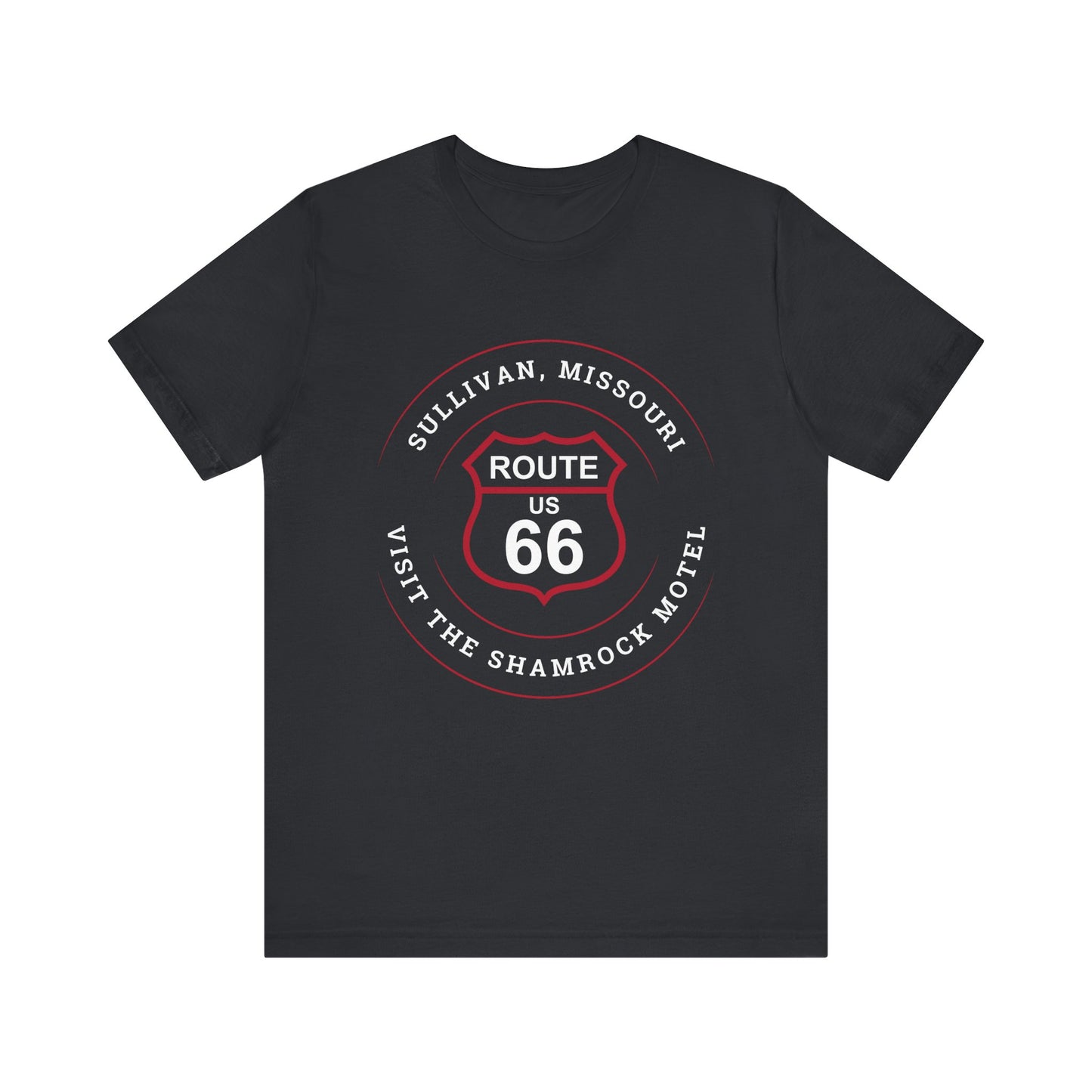 Vintage black retro Route 66 unisex jersey tee with Sullivan, MO: "Visit the Shamrock Motel" design