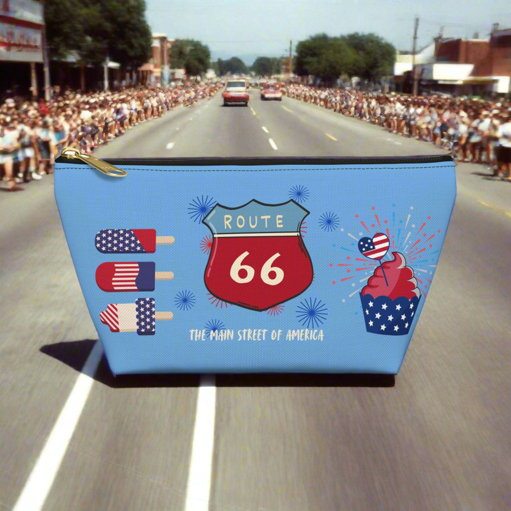Route 66 Summer Celebration Accessory Pouch with patriotic popsicles and cupcakes, and fireworks on a Fourth of July parade background