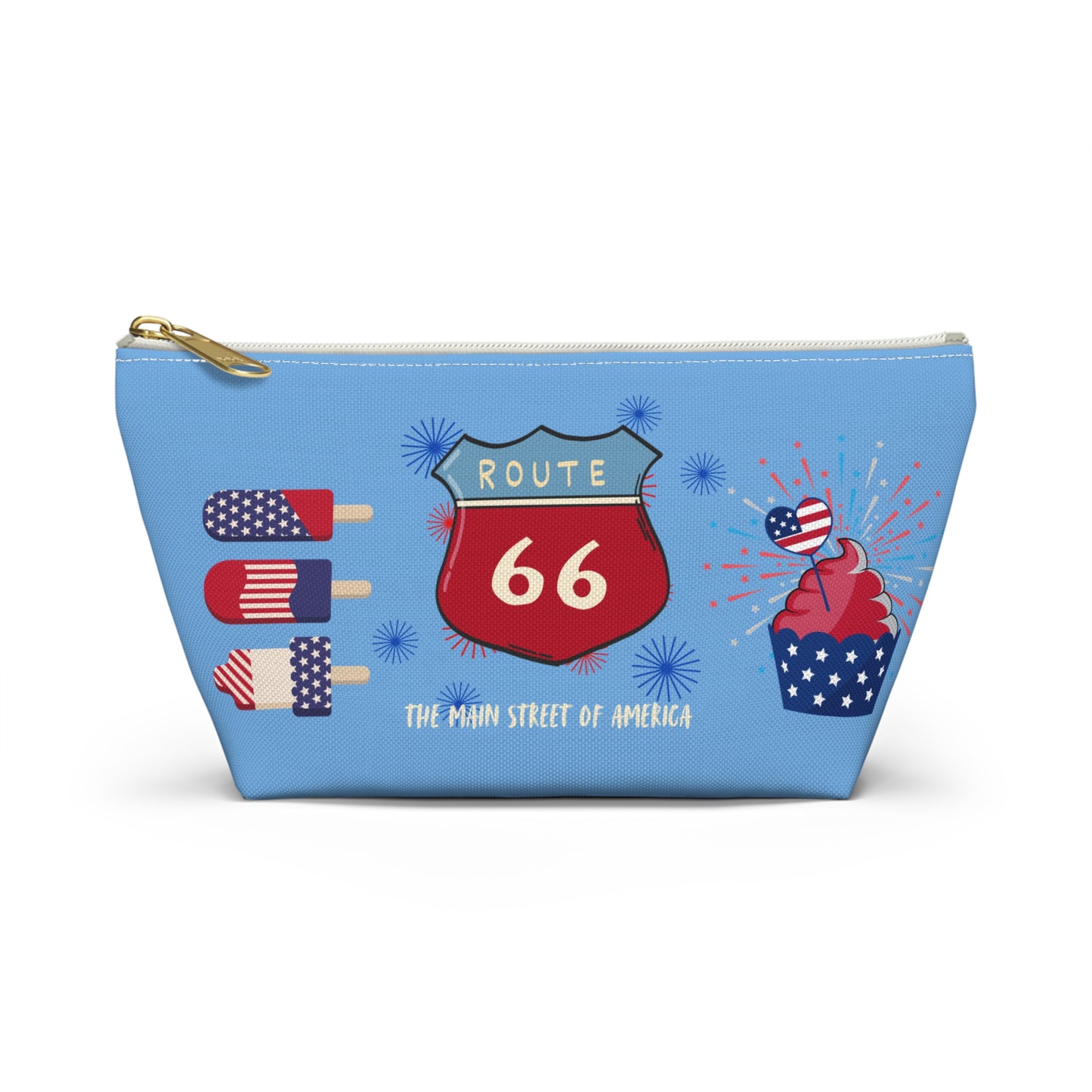 Straight-on-view of Route 66 summer celebration pouch featuring a red and blue Route 66 shield, patriotic popsicles and cupcake design
