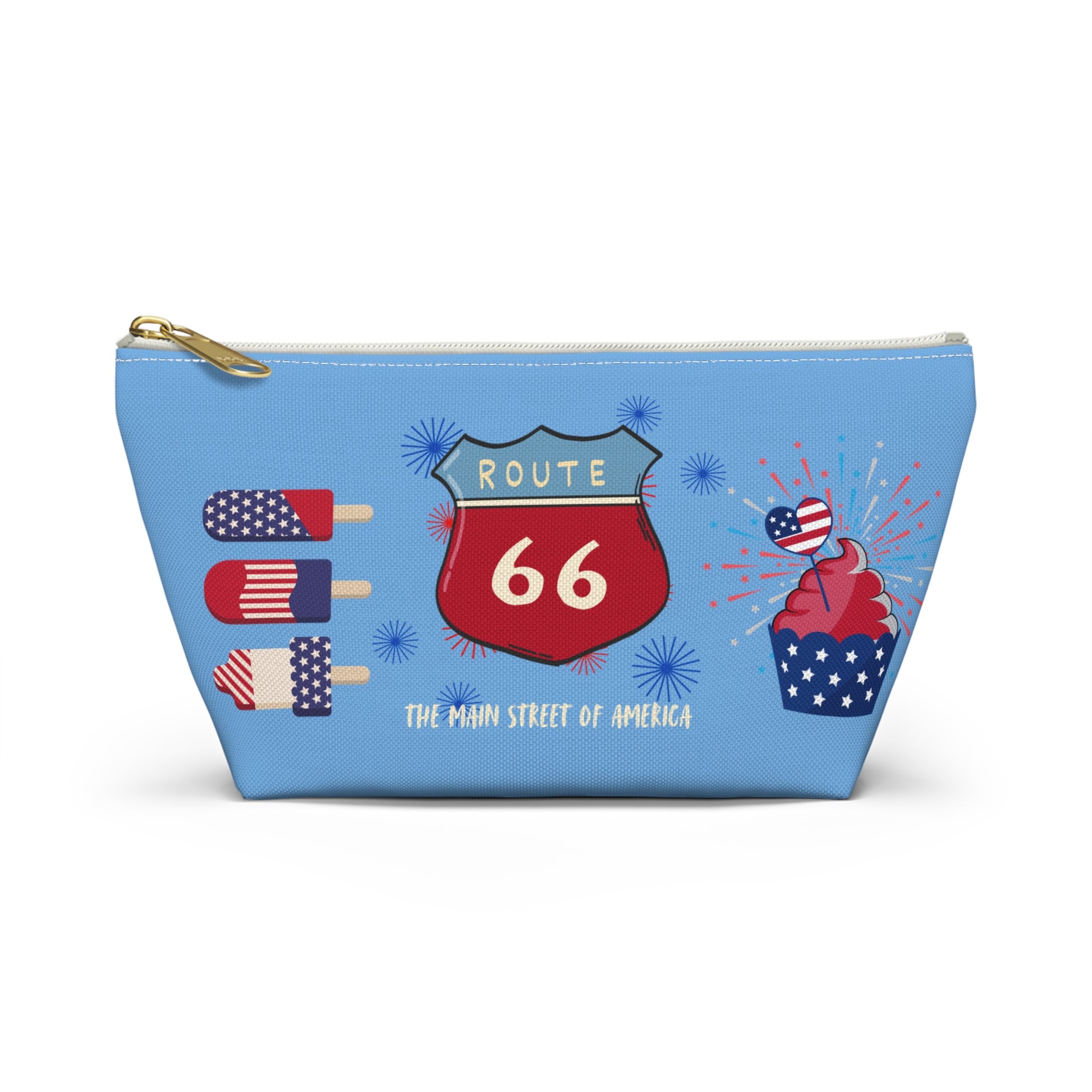 Straight-on-view of Route 66 summer celebration pouch featuring a red and blue Route 66 shield, patriotic popsicles and cupcake design