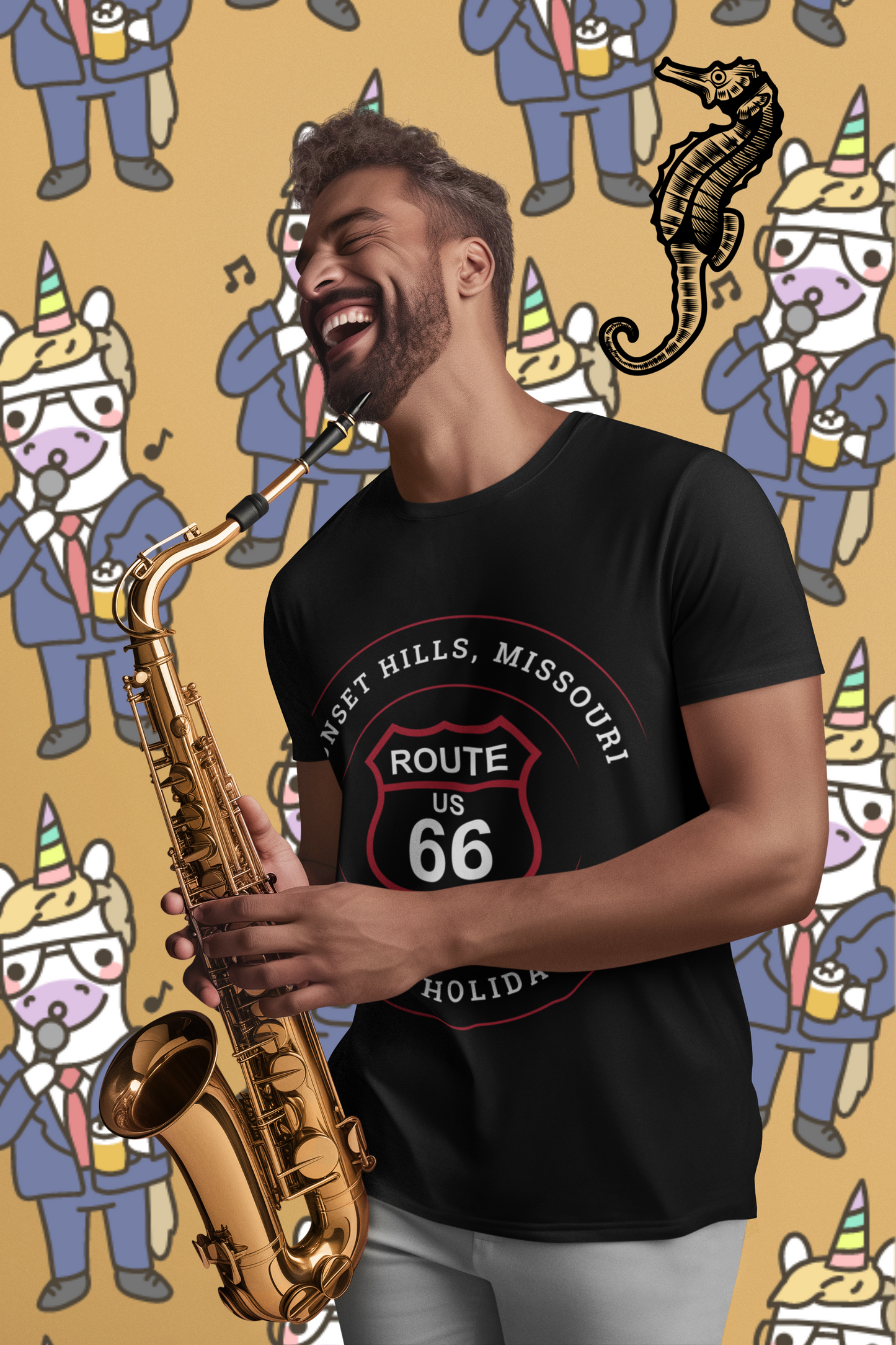 Male model wearing a black retro Route 66 unisex jersey tee with a Sunset Hills, MO: "The Old Holiday Inn" design