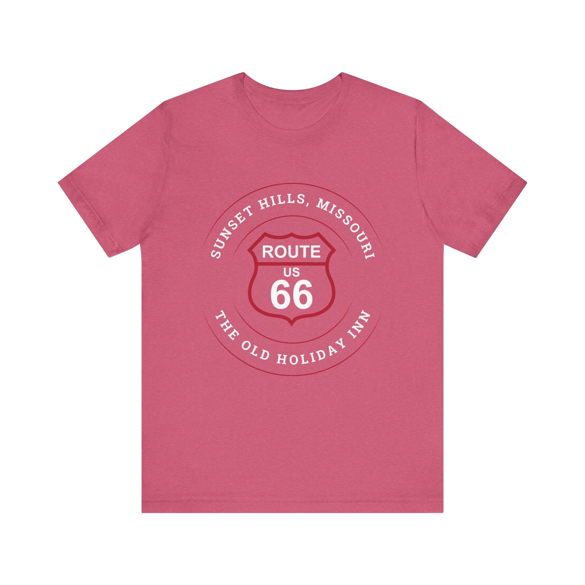 Heather raspberry retro Route 66 unisex jersey tee with Sunset Hills, MO: "The Old Holiday Inn" design