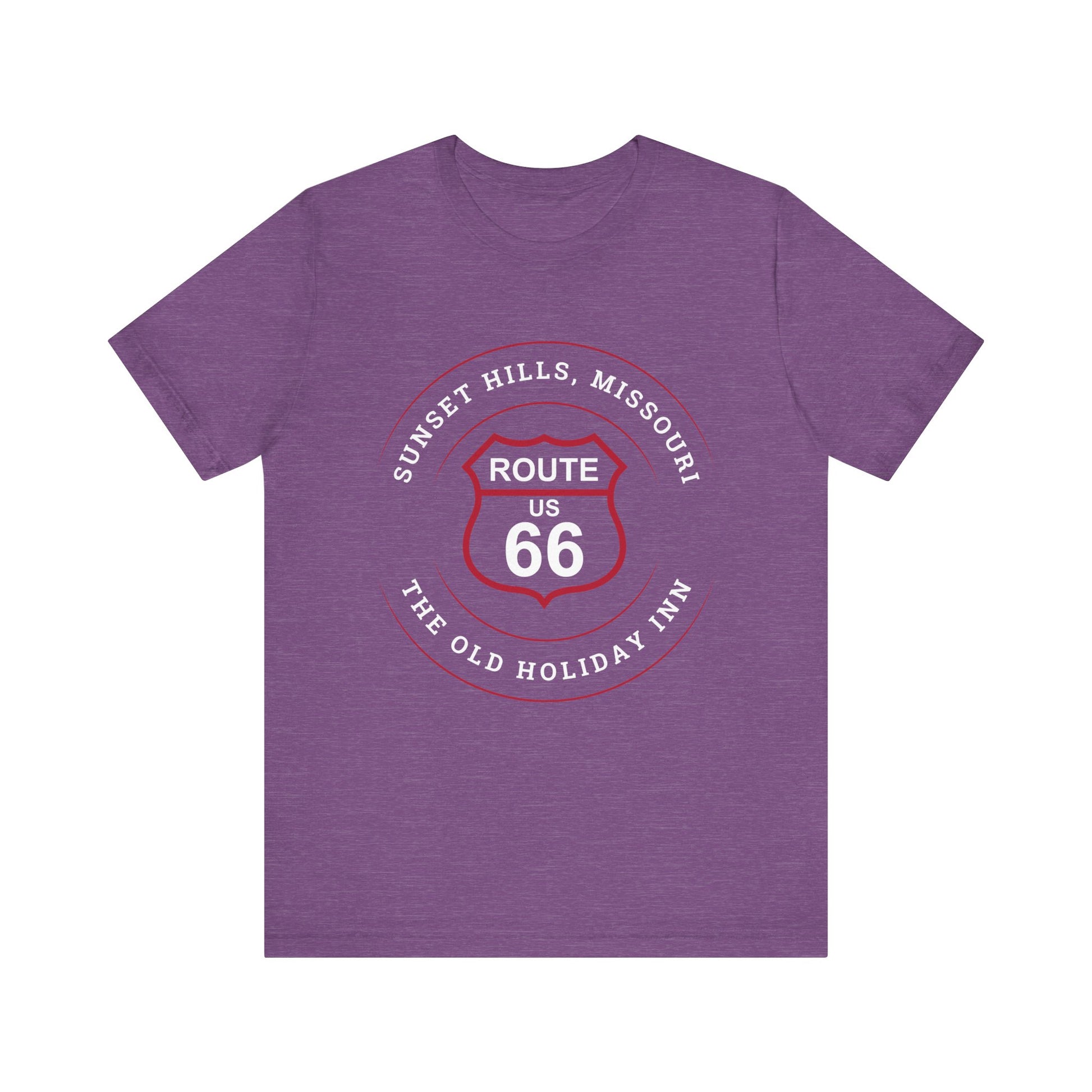 Heather team purple retro Route 66 unisex jersey tee with Sunset Hills, MO: "The Old Holiday Inn" design