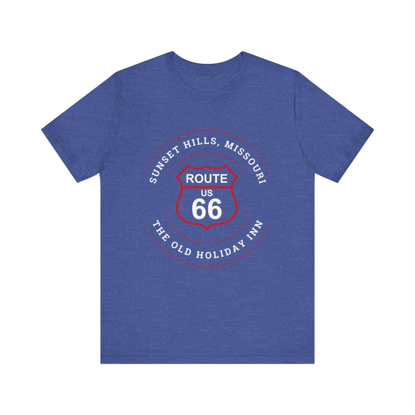 Heather true royal retro Route 66 unisex jersey tee with Sunset Hills, MO: "The Old Holiday Inn" design