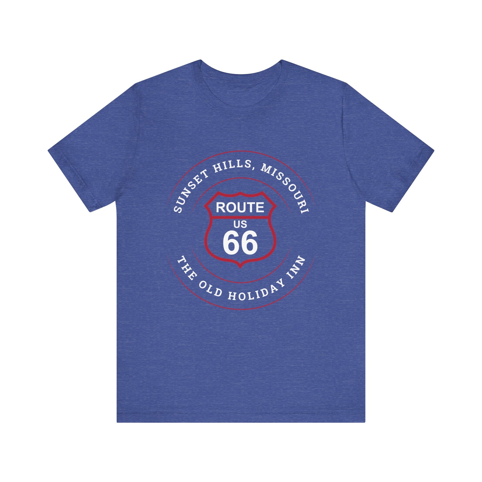 Heather true royal retro Route 66 unisex jersey tee with Sunset Hills, MO: "The Old Holiday Inn" design