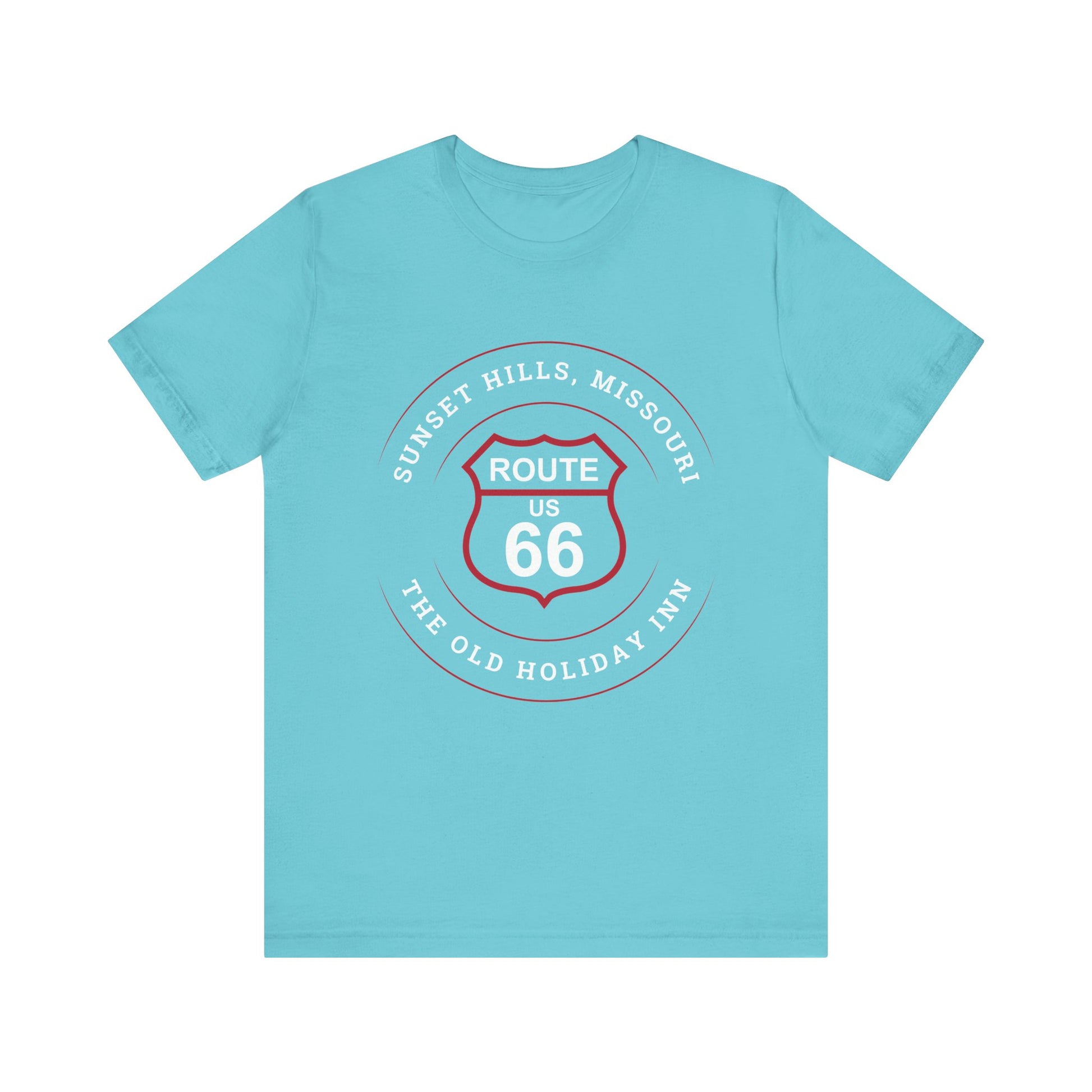 Turquoise retro Route 66 unisex jersey tee with Sunset Hills, MO: "The Old Holiday Inn" design
