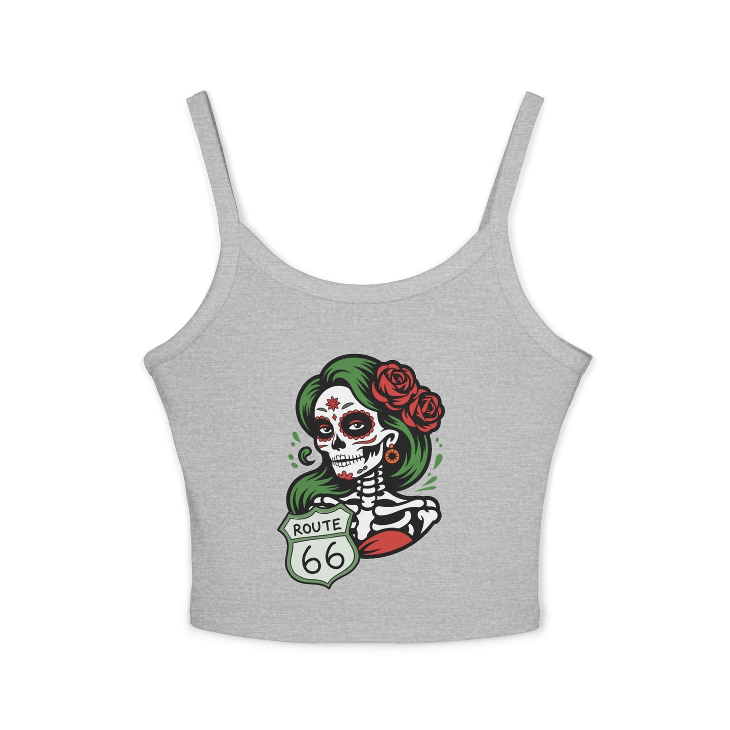 Athletic heather spaghetti strap tank top featuring Route 66 sugar skull design, flat lay product view.