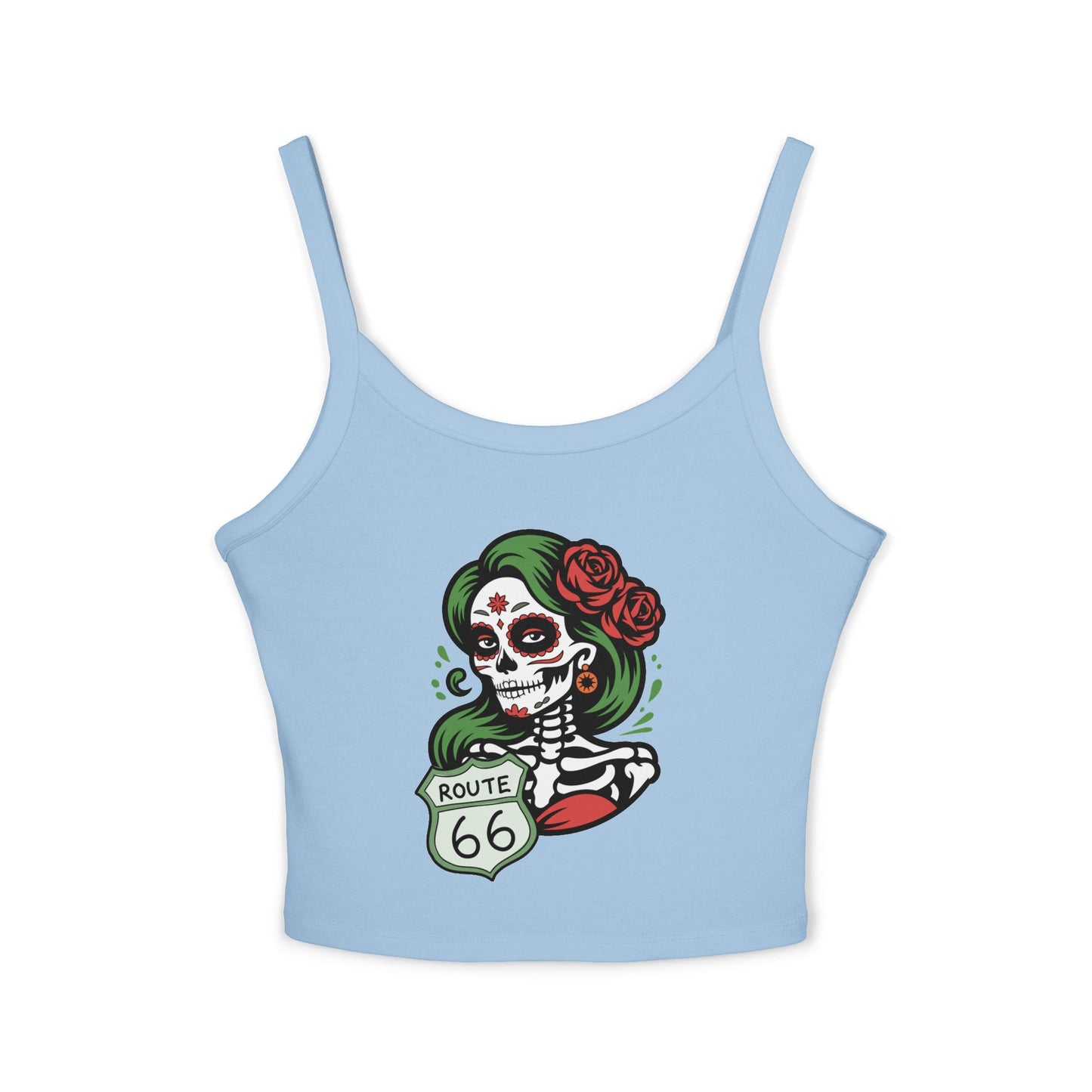 Solid baby blue blend spaghetti strap tank top featuring Route 66 sugar skull design, flat lay product view.