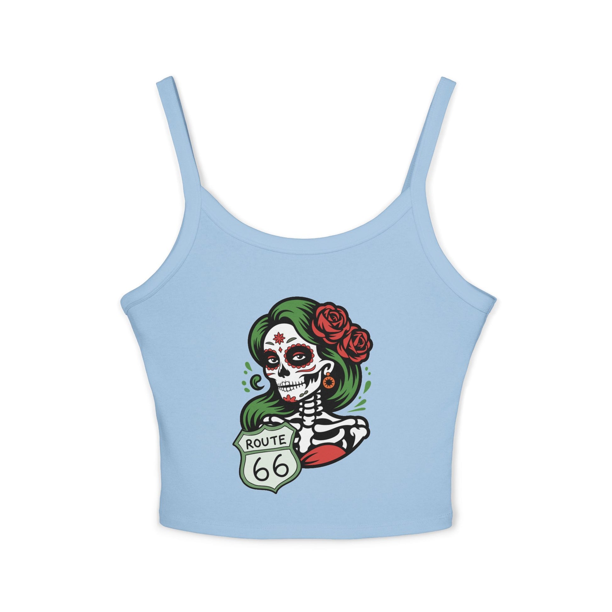 Solid baby blue blend spaghetti strap tank top featuring Route 66 sugar skull design, flat lay product view.