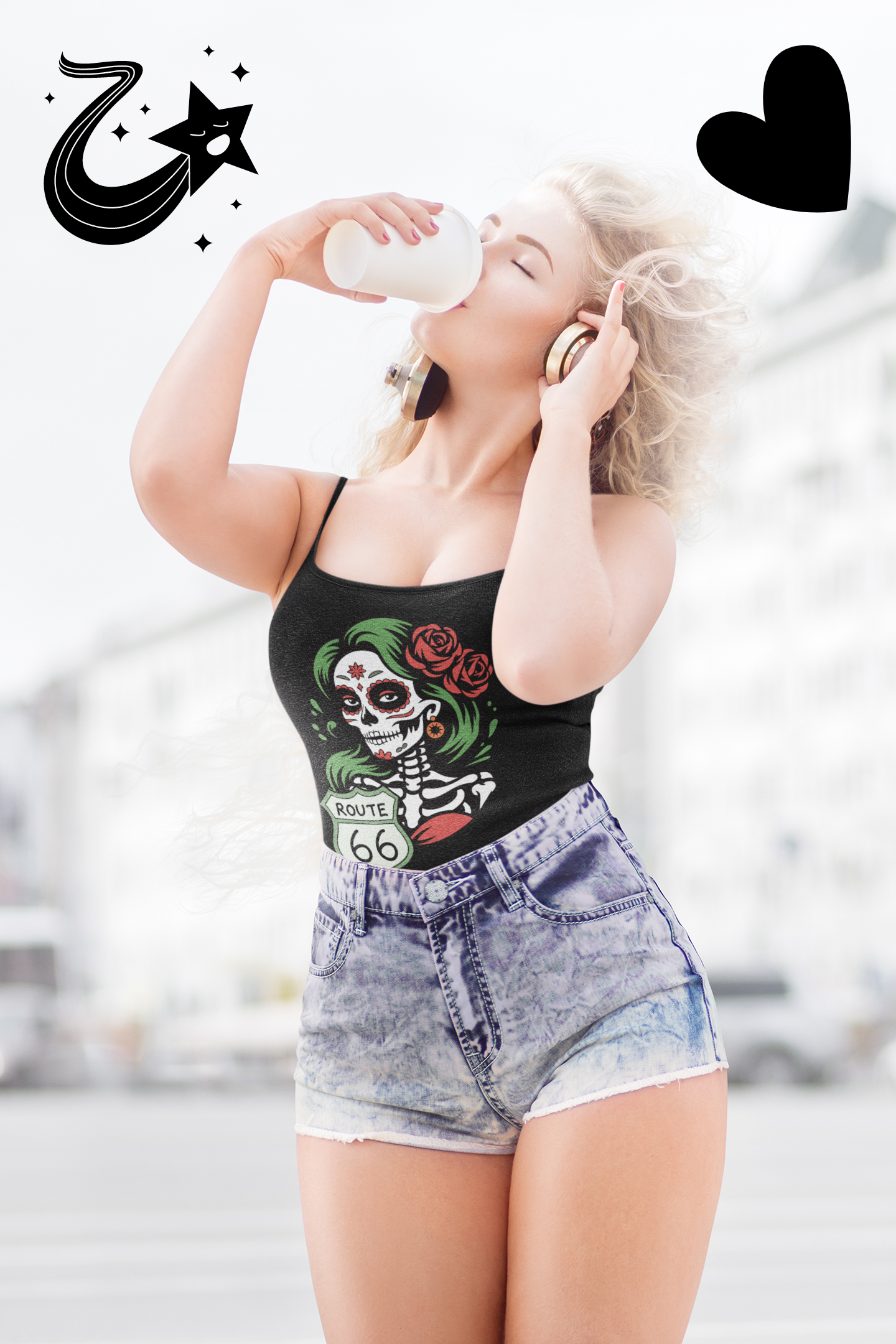 Woman wearing Route 66 Día de los Muertos spaghetti strap tank top with sugar skull design, lifestyle outdoor scene.