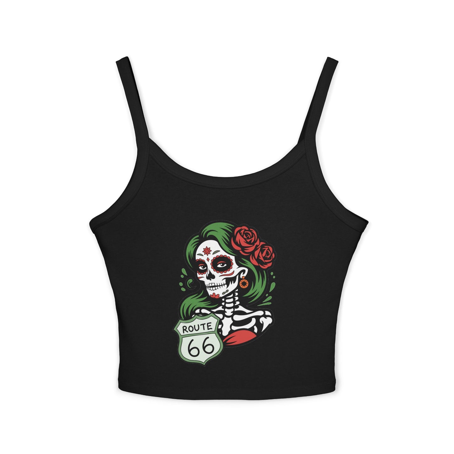 Solid black blend spaghetti strap tank top featuring Route 66 sugar skull design, flat lay product view.
