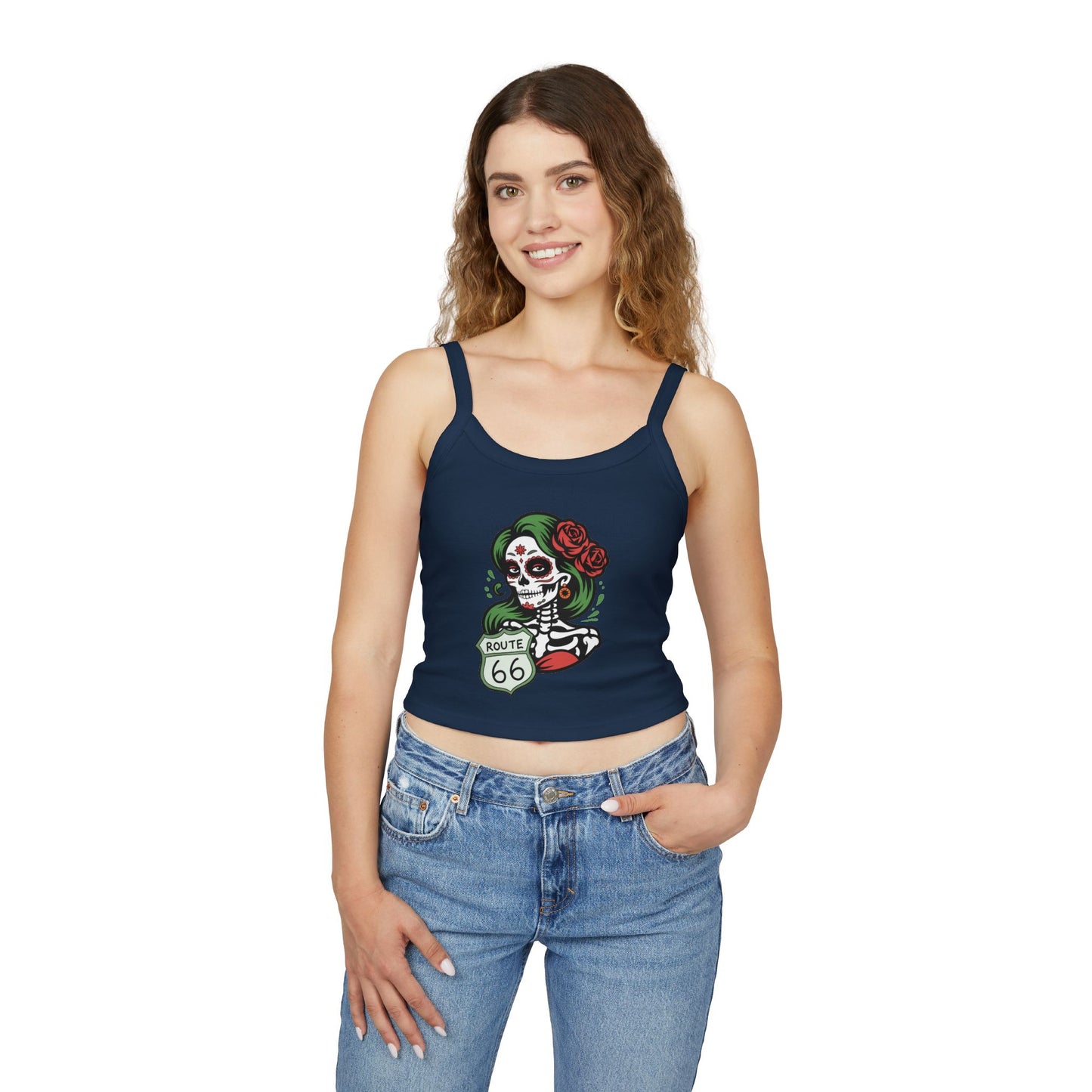 Woman wearing solid navy blend Route 66 Día de los Muertos spaghetti strap tank top with sugar skull design, front view.