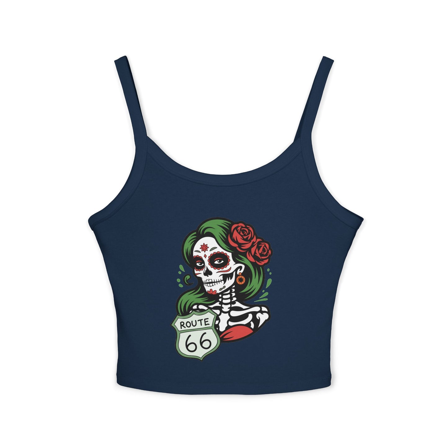 Solid navy blend spaghetti strap tank top featuring Route 66 sugar skull design, flat lay product view.