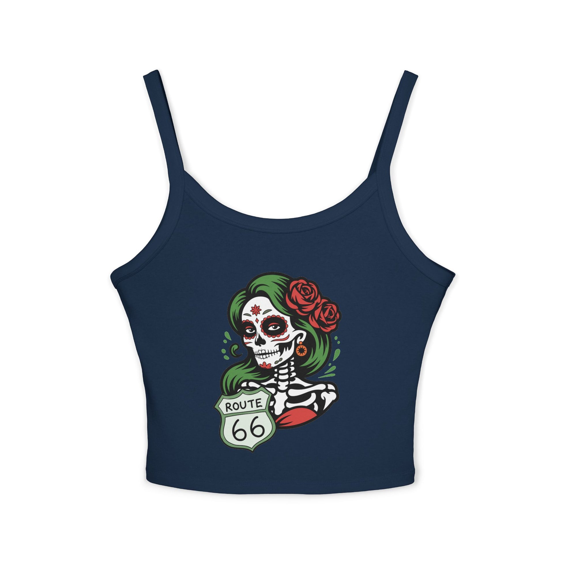 Solid navy blend spaghetti strap tank top featuring Route 66 sugar skull design, flat lay product view.