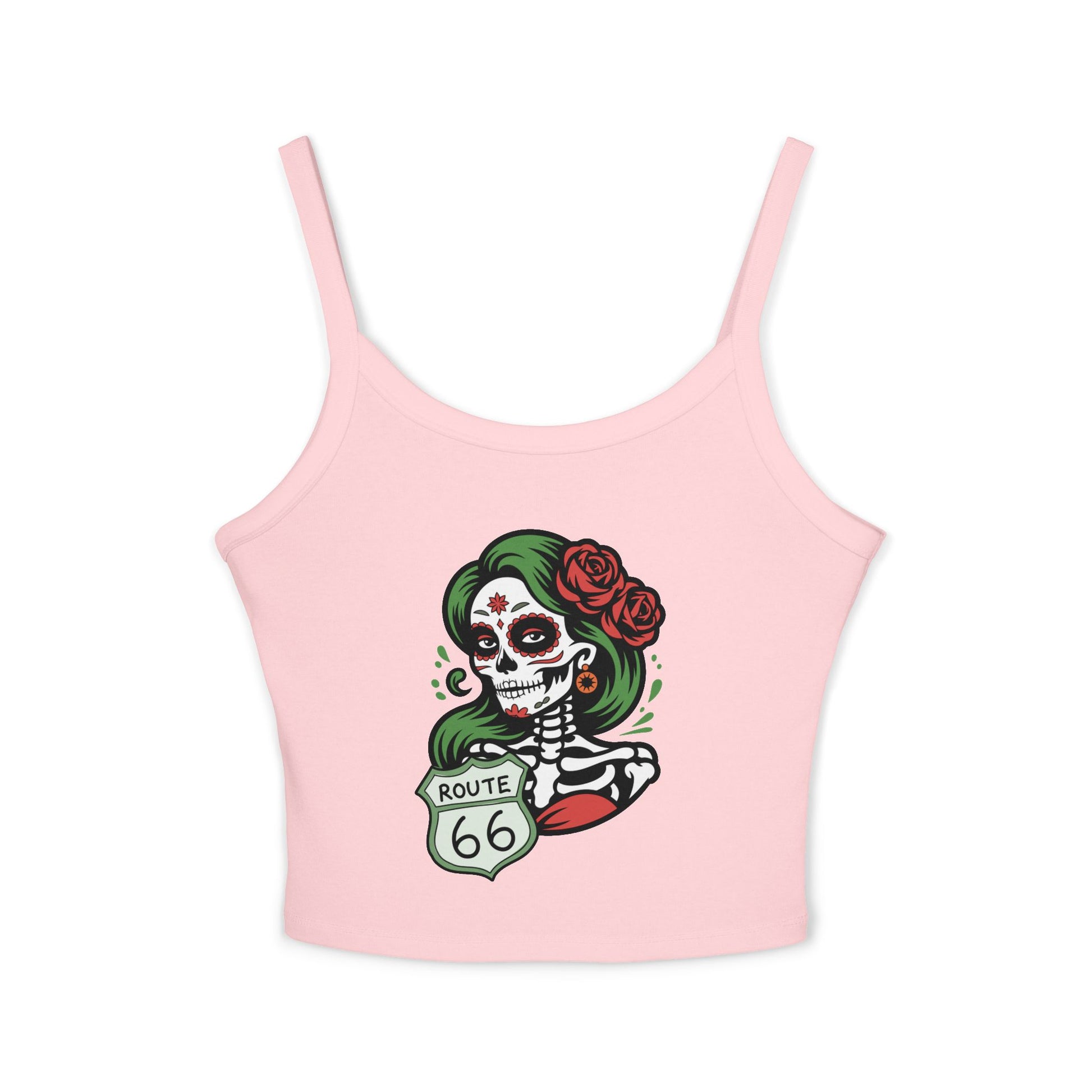 Solid pink blend spaghetti strap tank top featuring Route 66 sugar skull design, flat lay product view.