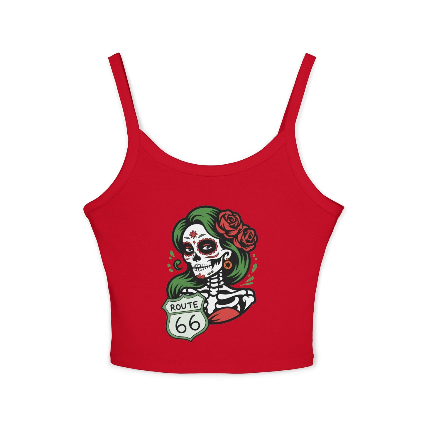 Solid red blend spaghetti strap tank top featuring Route 66 sugar skull design, flat lay product view.