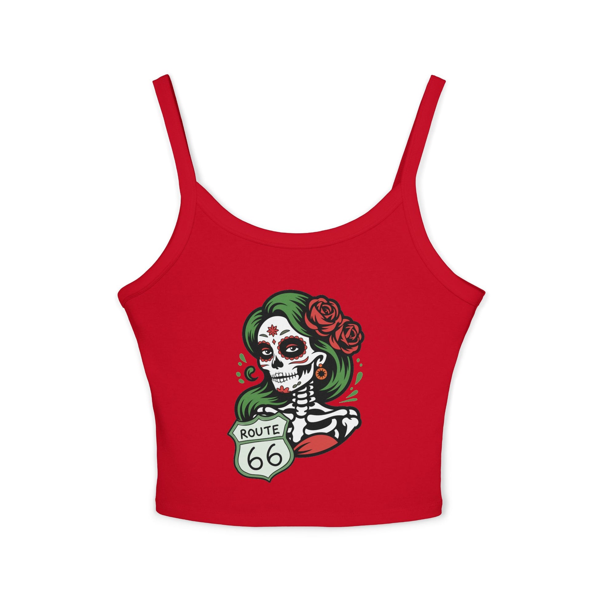 Solid red blend spaghetti strap tank top featuring Route 66 sugar skull design, flat lay product view.
