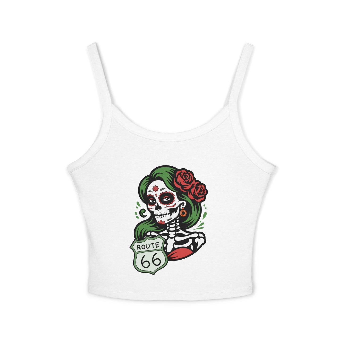 Solid white blend spaghetti strap tank top featuring Route 66 sugar skull design, flat lay product view.