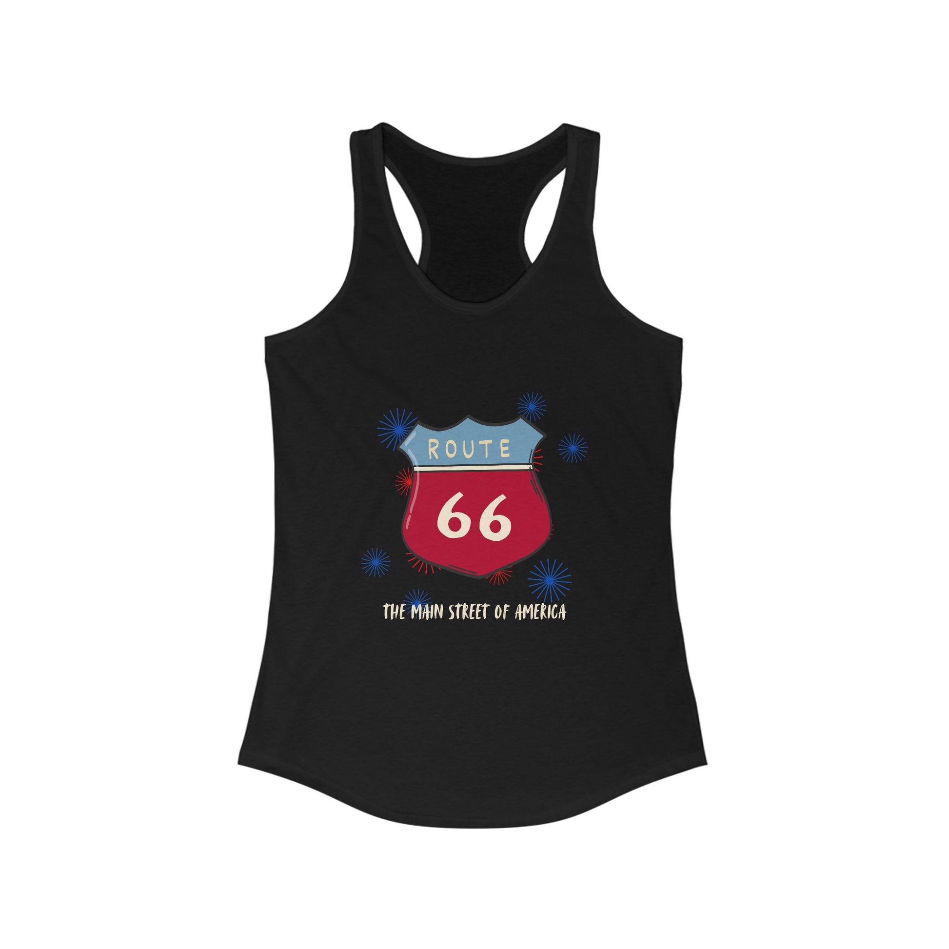 A women's black tank top laid flat against a white background.. The graphic displays "ROUTE 66" text above a circular design of an American flag, with a red hot rod in the foreground. The names of the eight Route 66 states (Missouri, Kansas, Oklahoma, Texas, New Mexico, Arizona, California, Illinois) arc around the circle.