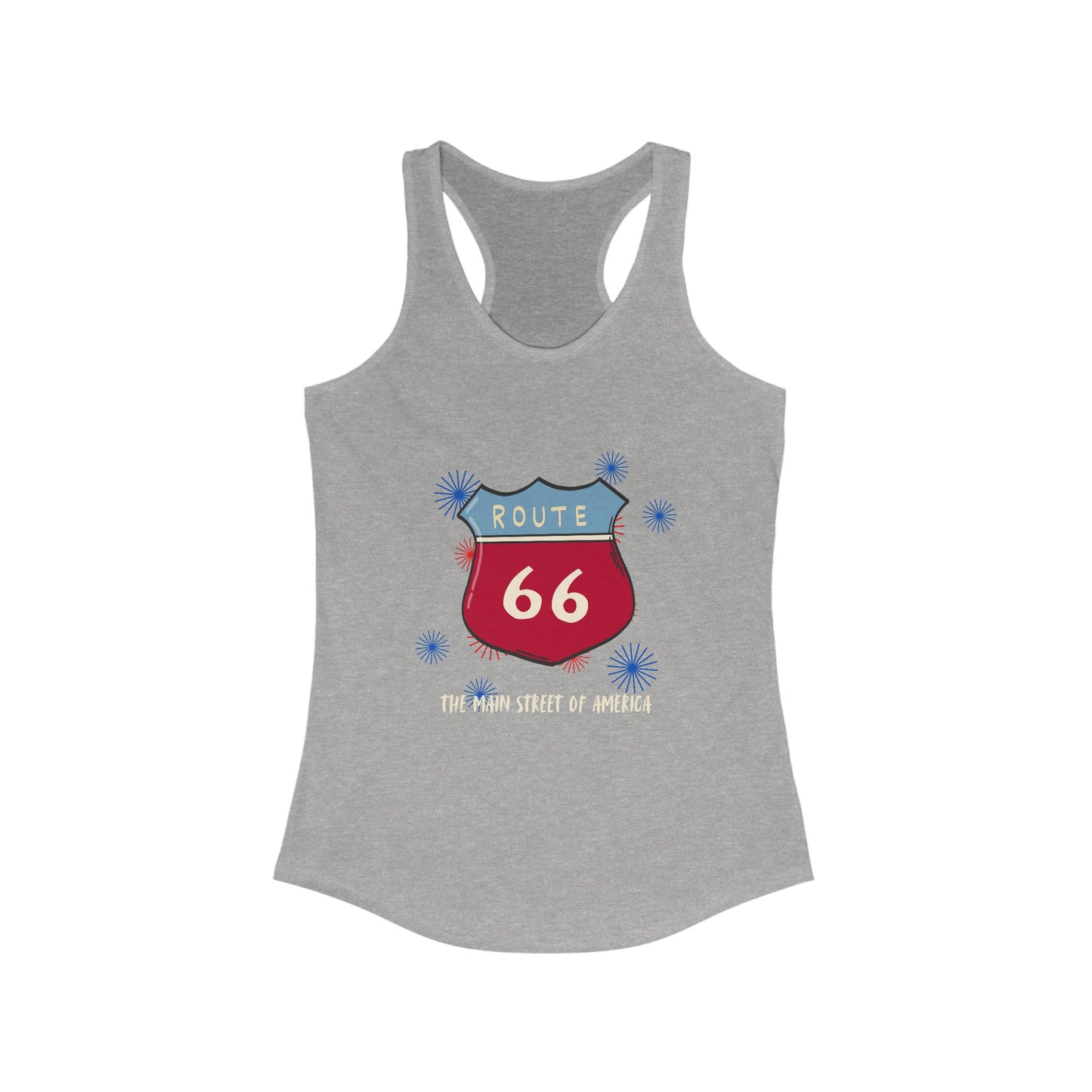 A women's heather gray tank top against a white background. The graphic displays "ROUTE 66" text above a circular design of an American flag, with a red hot rod in the foreground. The names of the eight Route 66 states (Missouri, Kansas, Oklahoma, Texas, New Mexico, Arizona, California, Illinois) arc around the circle.