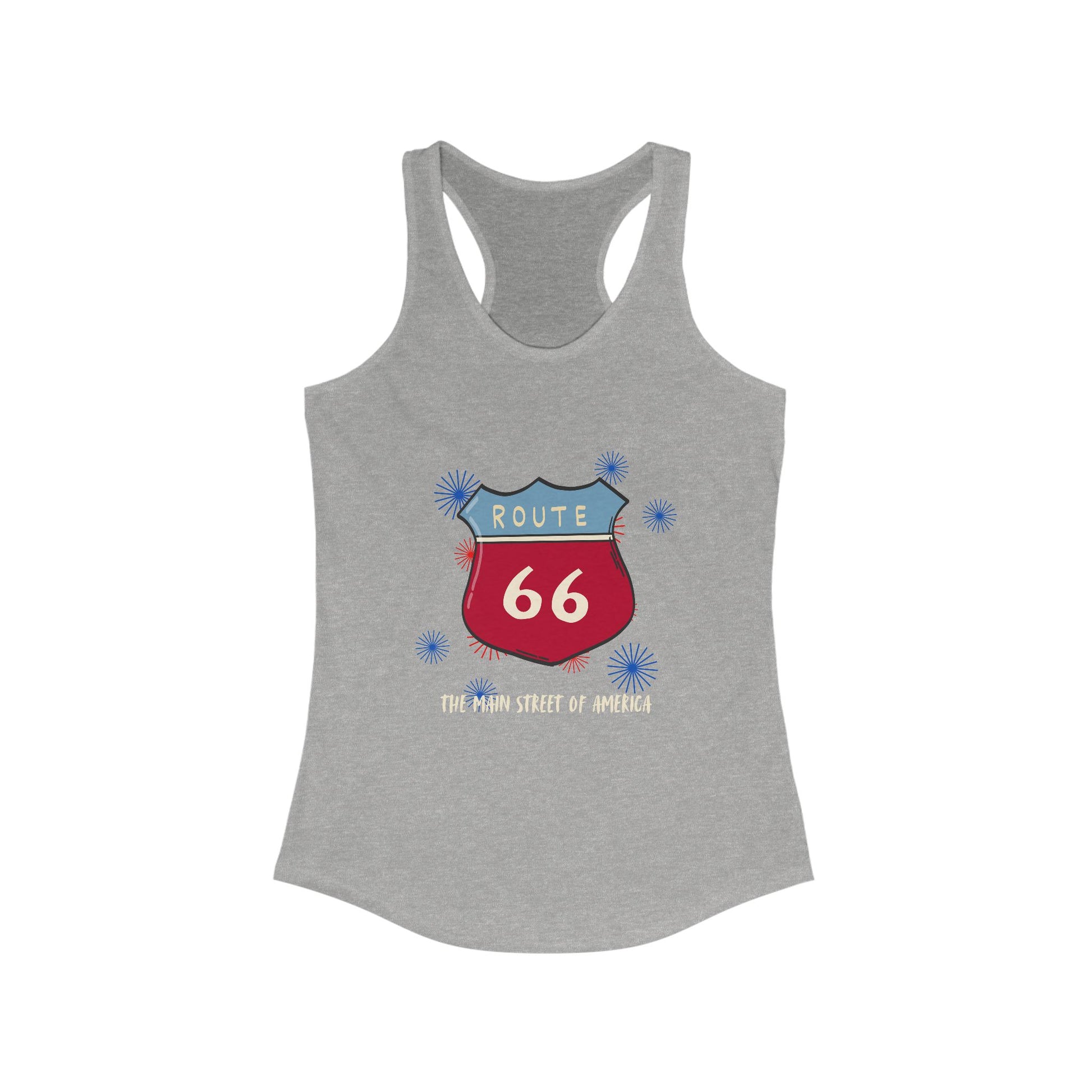 A women's heather gray tank top against a white background. The graphic displays "ROUTE 66" text above a circular design of an American flag, with a red hot rod in the foreground. The names of the eight Route 66 states (Missouri, Kansas, Oklahoma, Texas, New Mexico, Arizona, California, Illinois) arc around the circle.