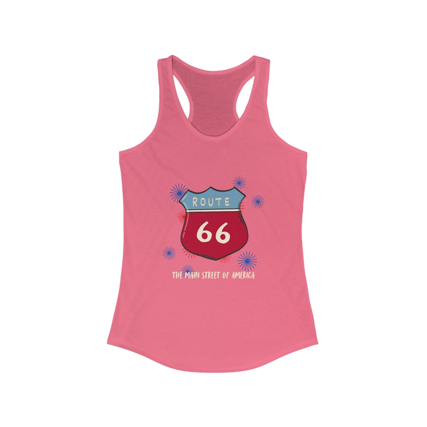 A women's hot pink tank top laid flat against a white background. The graphic displays "ROUTE 66" text above a circular design of an American flag, with a red hot rod in the foreground. The names of the eight Route 66 states (Missouri, Kansas, Oklahoma, Texas, New Mexico, Arizona, California, Illinois) arc around the circle.