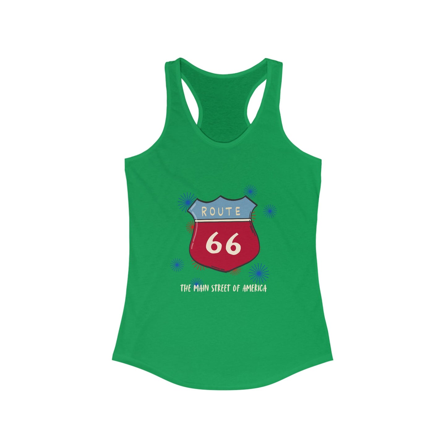 A women's solid kelly green tank top laid flat against a white background. The graphic displays "ROUTE 66" text above a circular design of an American flag, with a red hot rod in the foreground. The names of the eight Route 66 states (Missouri, Kansas, Oklahoma, Texas, New Mexico, Arizona, California, Illinois) arc around the circle.