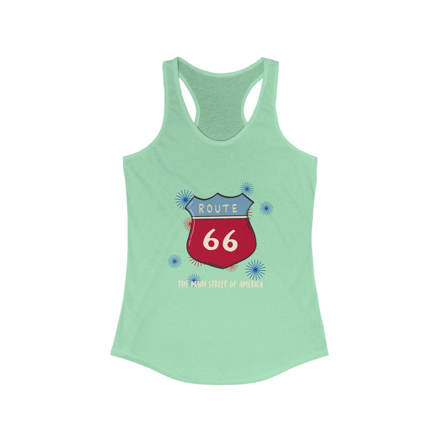 A women's solid mint tank top laid flat against a white background. The graphic displays "ROUTE 66" text above a circular design of an American flag, with a red hot rod in the foreground. The names of the eight Route 66 states (Missouri, Kansas, Oklahoma, Texas, New Mexico, Arizona, California, Illinois) arc around the circle.