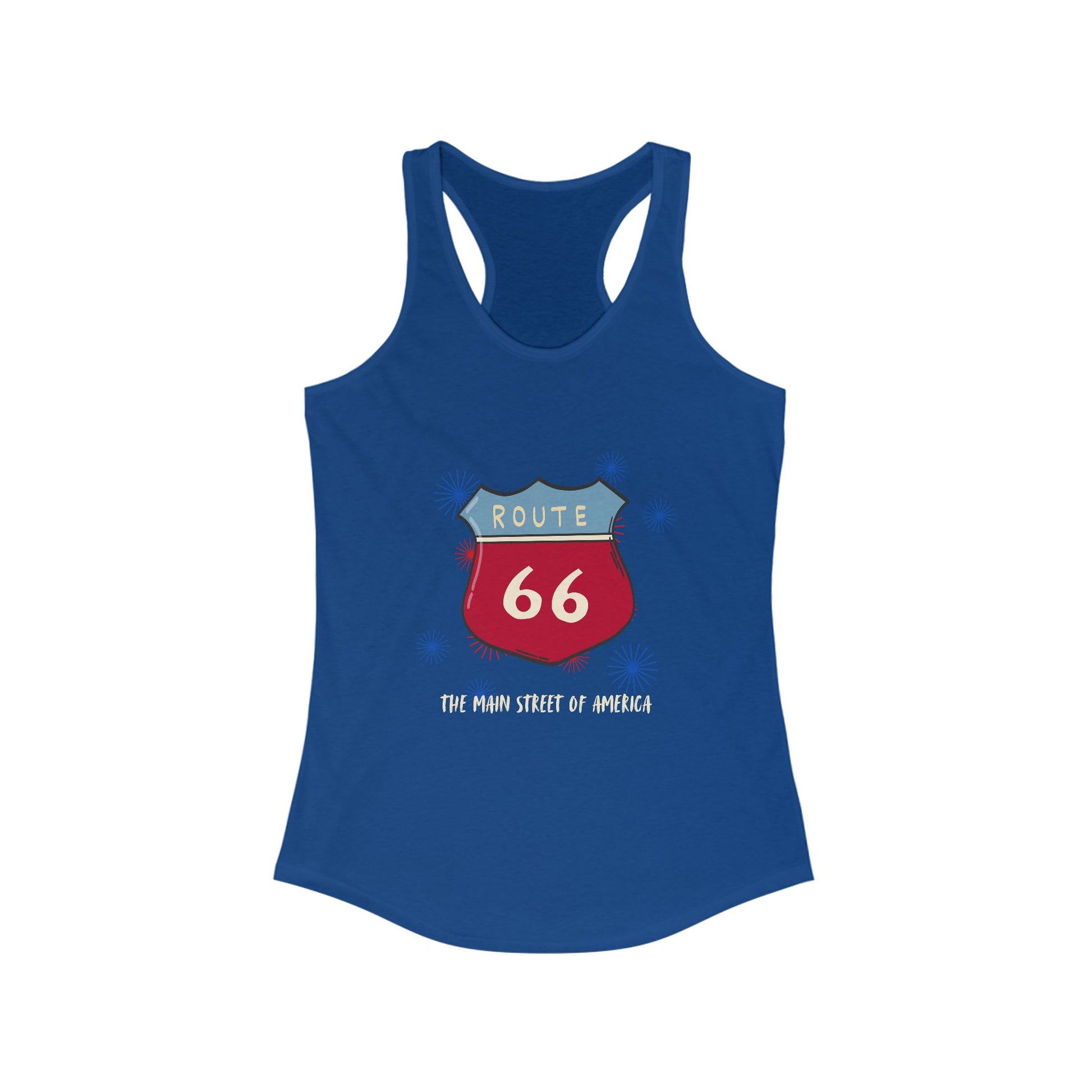 A women's solid royal tank top laid flat against a white background. The graphic displays "ROUTE 66" text above a circular design of an American flag, with a red hot rod in the foreground. The names of the eight Route 66 states (Missouri, Kansas, Oklahoma, Texas, New Mexico, Arizona, California, Illinois) arc around the circle.
