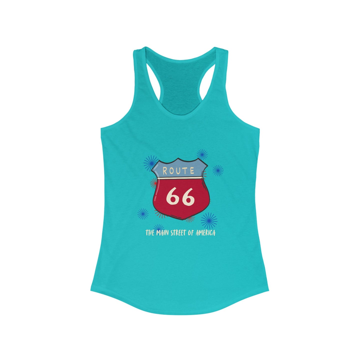 A women's tahiti blue tank top laid flat against a white background. The graphic displays "ROUTE 66" text above a circular design of an American flag, with a red hot rod in the foreground. The names of the eight Route 66 states (Missouri, Kansas, Oklahoma, Texas, New Mexico, Arizona, California, Illinois) arc around the circle.