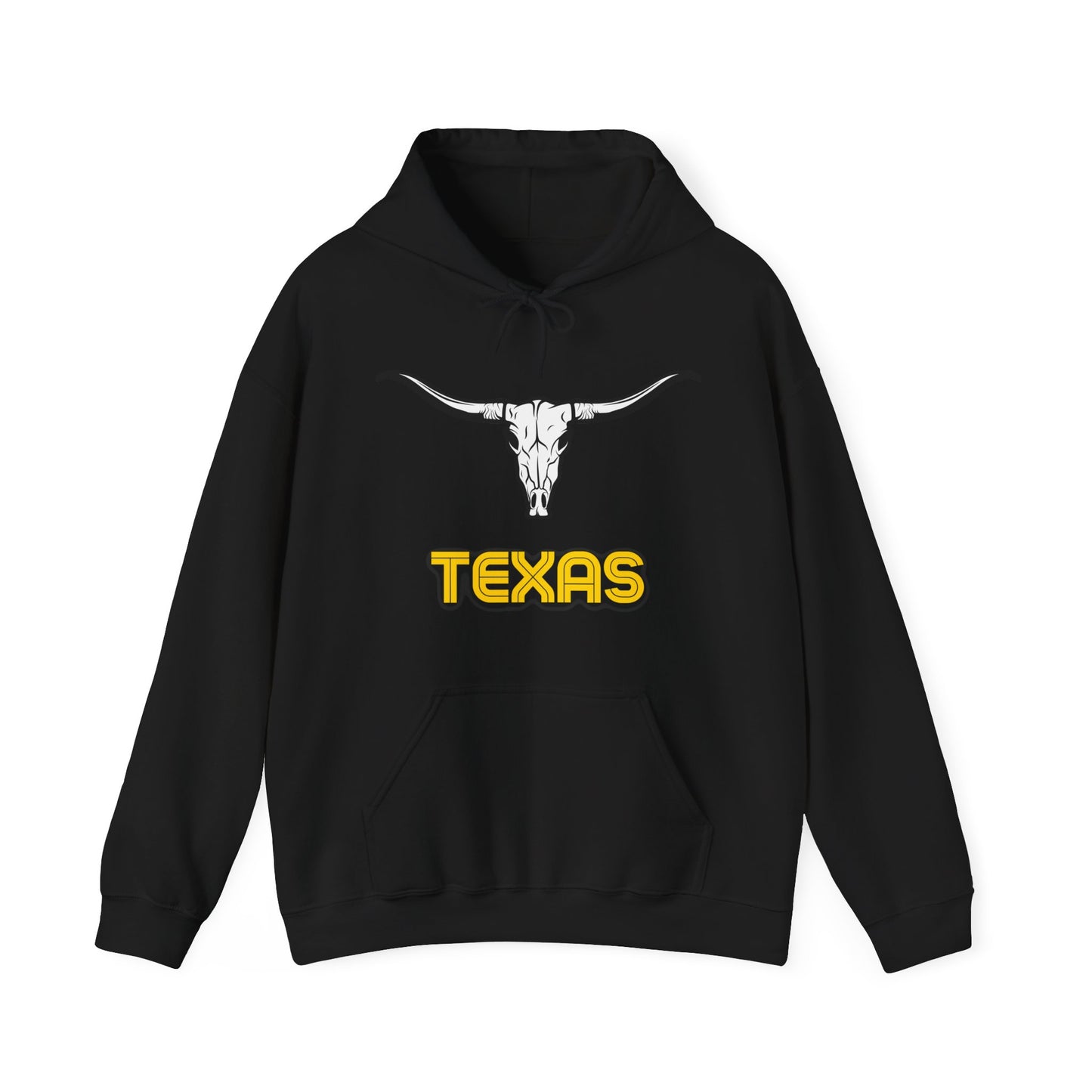 Black Texas Longhorn hoodie with white skull graphic and retro yellow lettering - Western Route 66 sweatshirt
