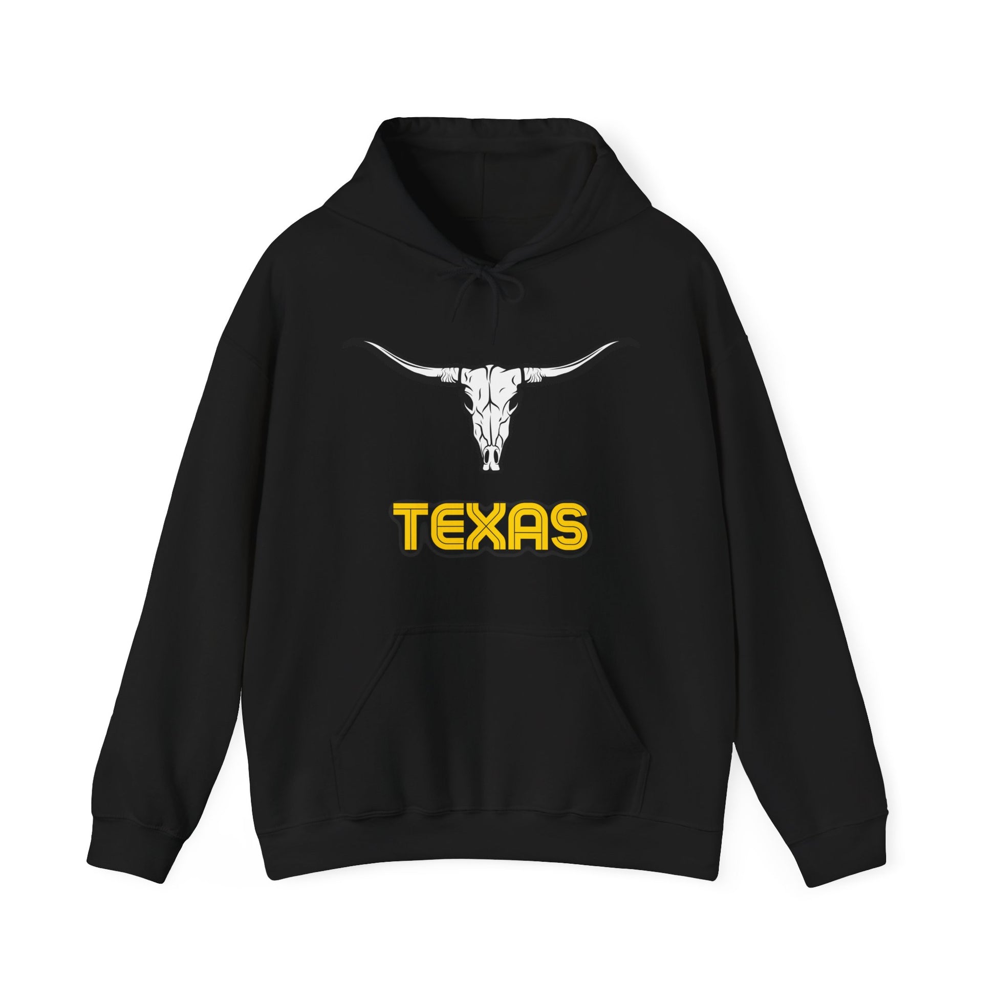 Black Texas Longhorn hoodie with white skull graphic and retro yellow lettering - Western Route 66 sweatshirt