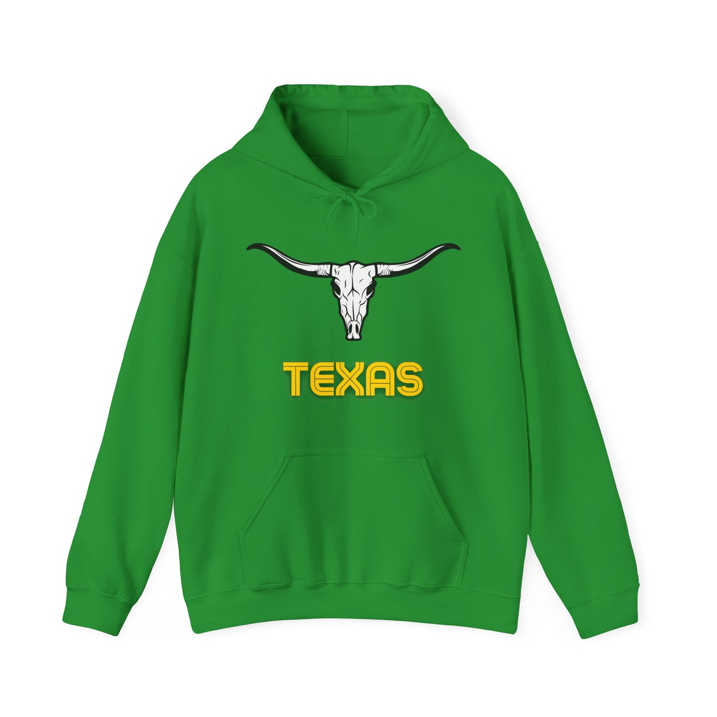 Irish Texas Longhorn hoodie with white skull graphic and retro yellow lettering - Western Route 66 sweatshirt