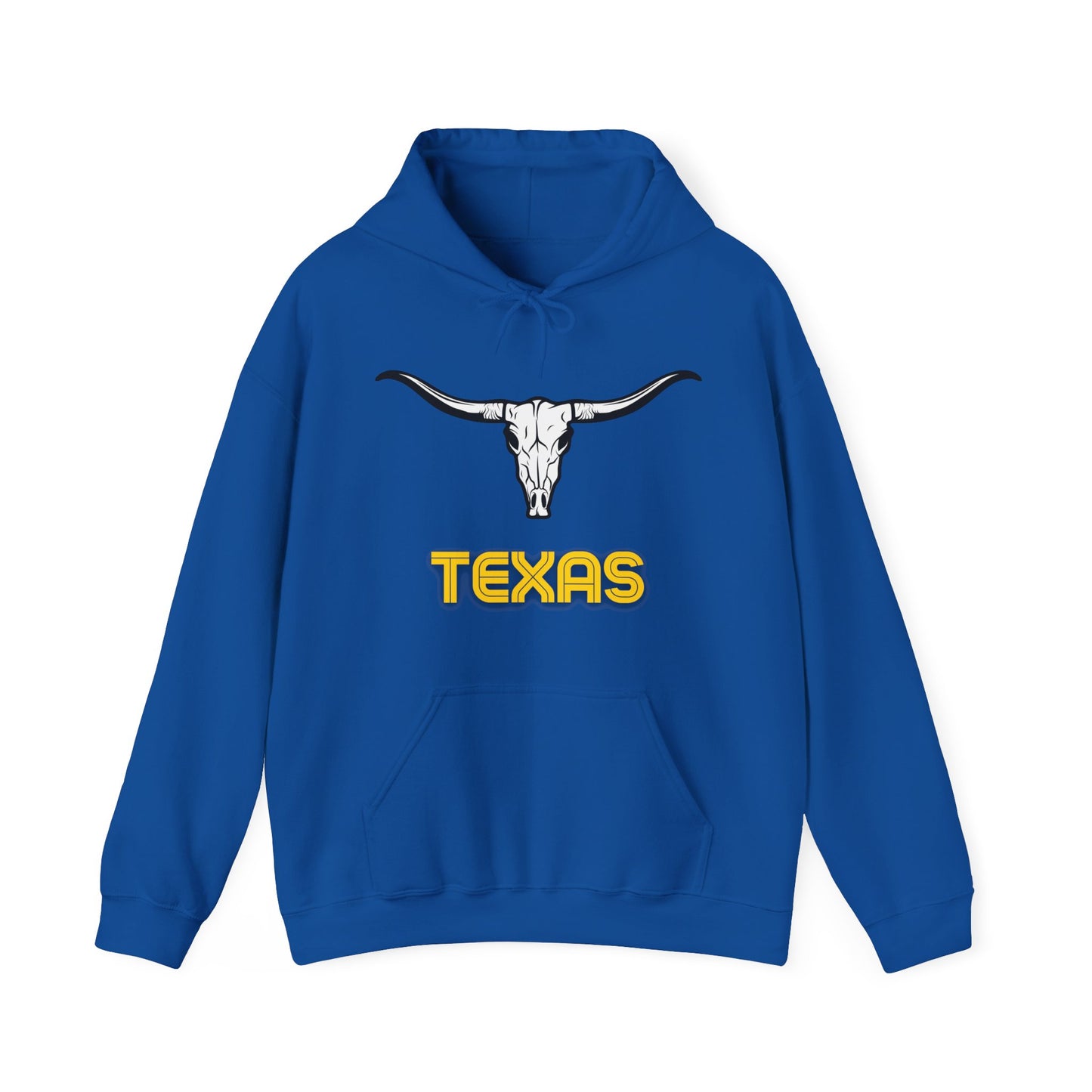 Royal Texas Longhorn hoodie with white skull graphic and retro yellow lettering - Western Route 66 sweatshirt