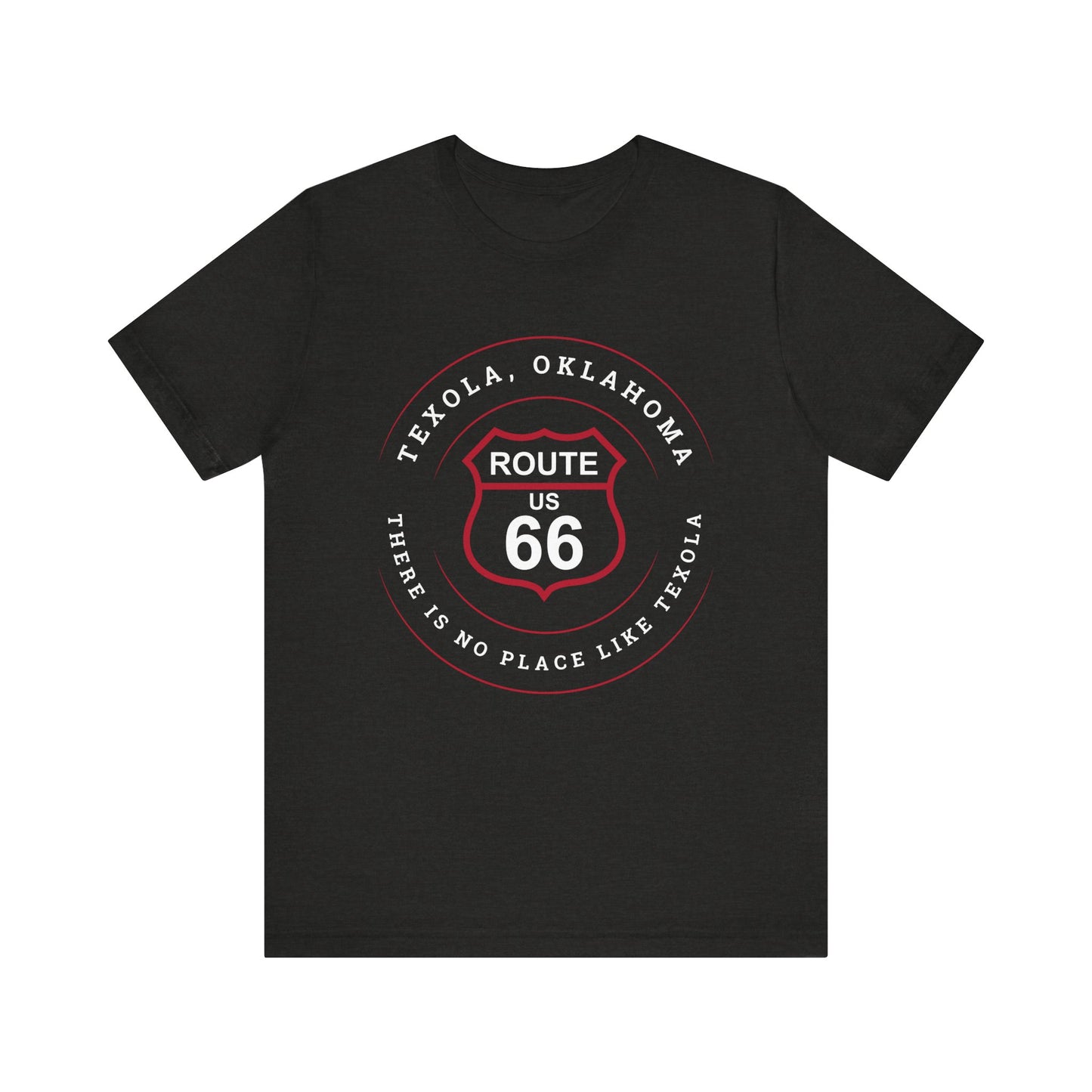 Black heather retro Route 66 unisex jersey tee with Texola, OK: "There's No Place Like Texola" design