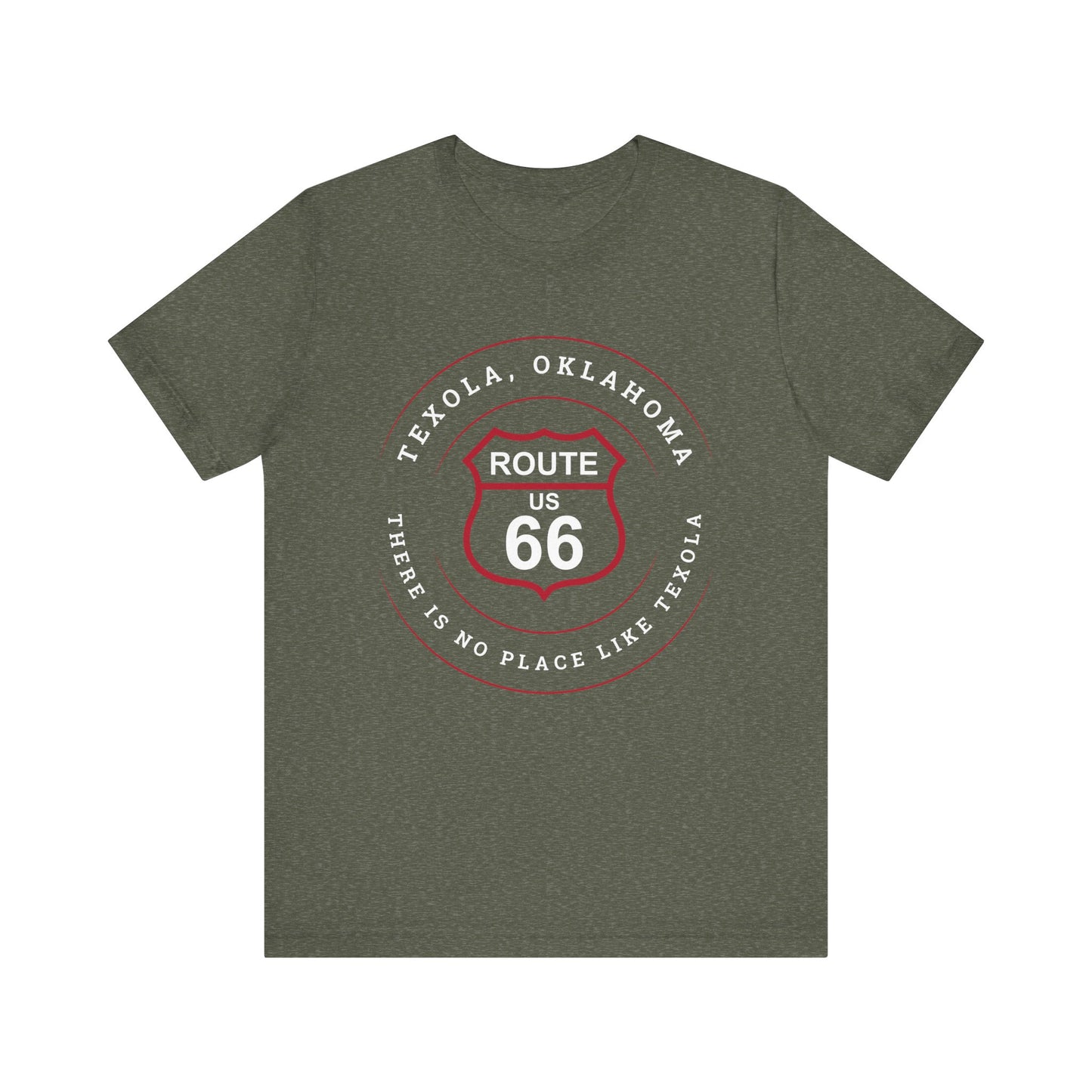 Heather military green retro Route 66 unisex jersey tee with Texola, OK: "There's No Place Like Texola" design