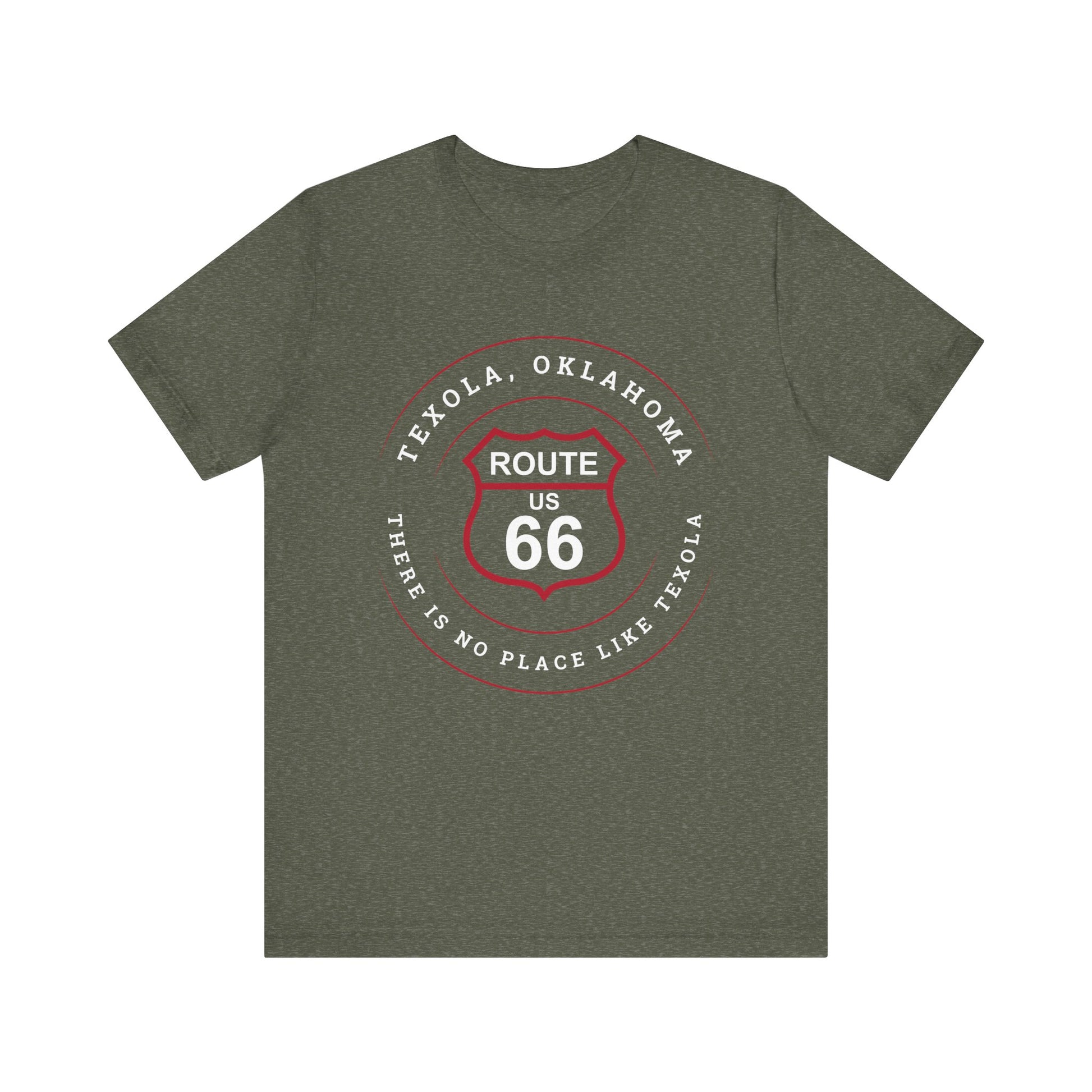 Heather military green retro Route 66 unisex jersey tee with Texola, OK: "There's No Place Like Texola" design