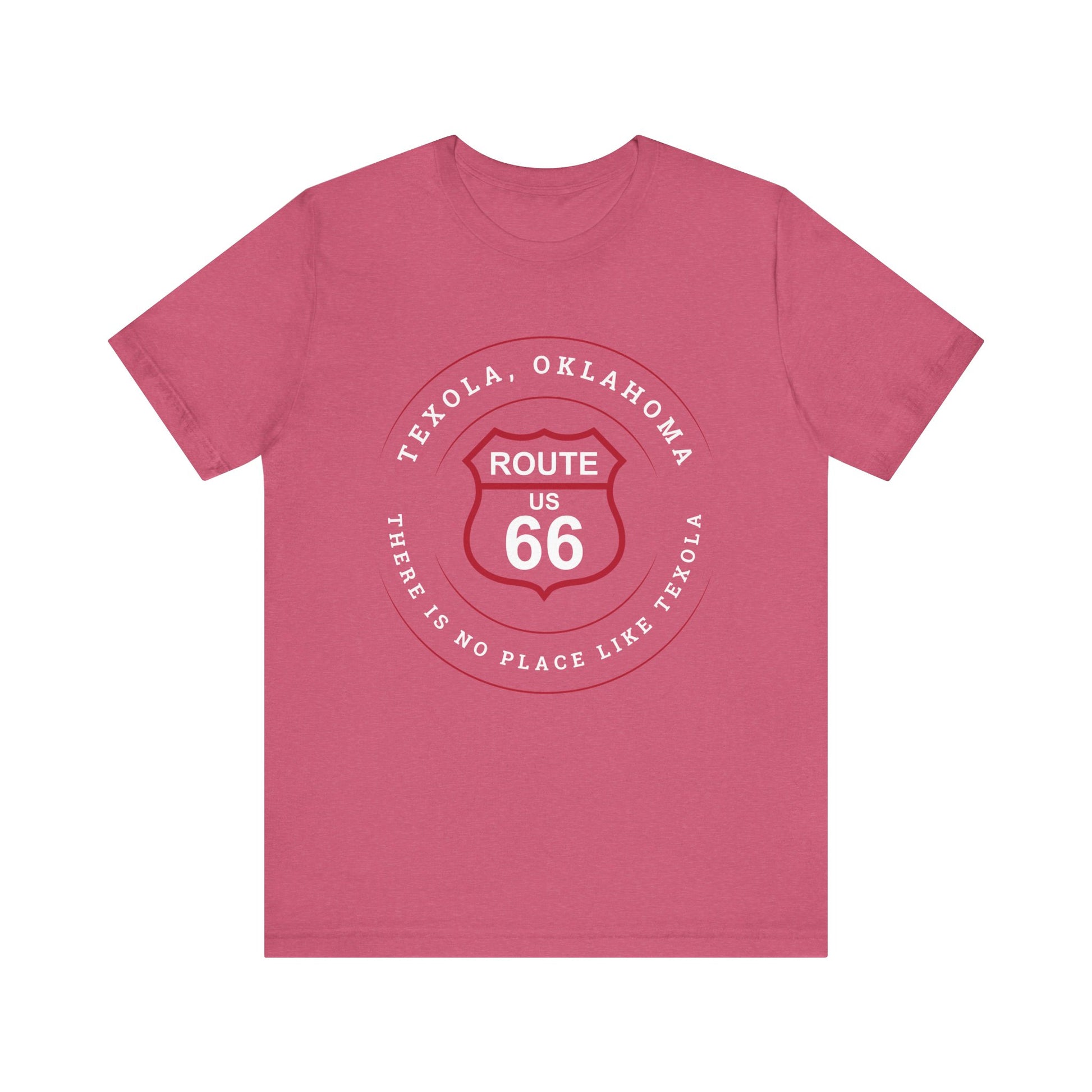 Heather raspberry retro Route 66 unisex jersey tee with Texola, OK: "There's No Place Like Texola" design