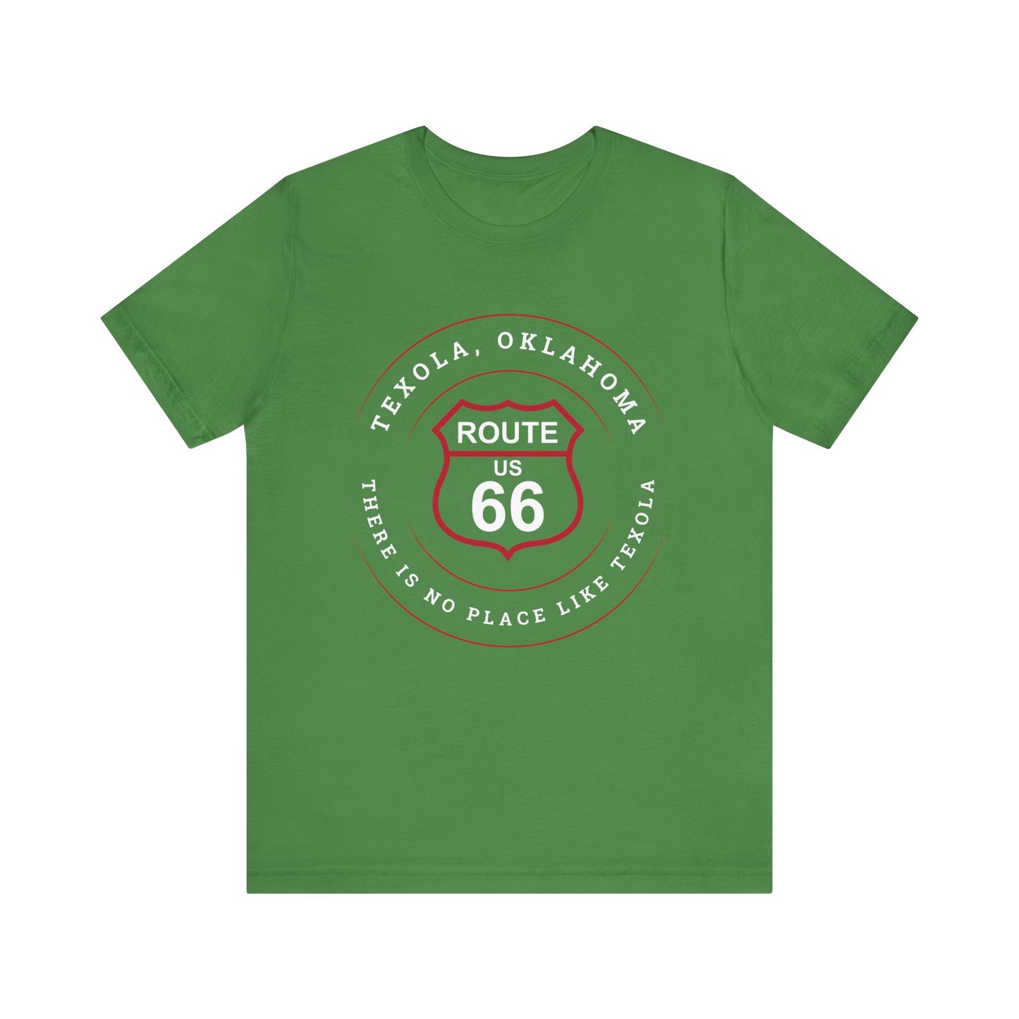 Leaf retro Route 66 unisex jersey tee with Texola, OK: "There's No Place Like Texola" design