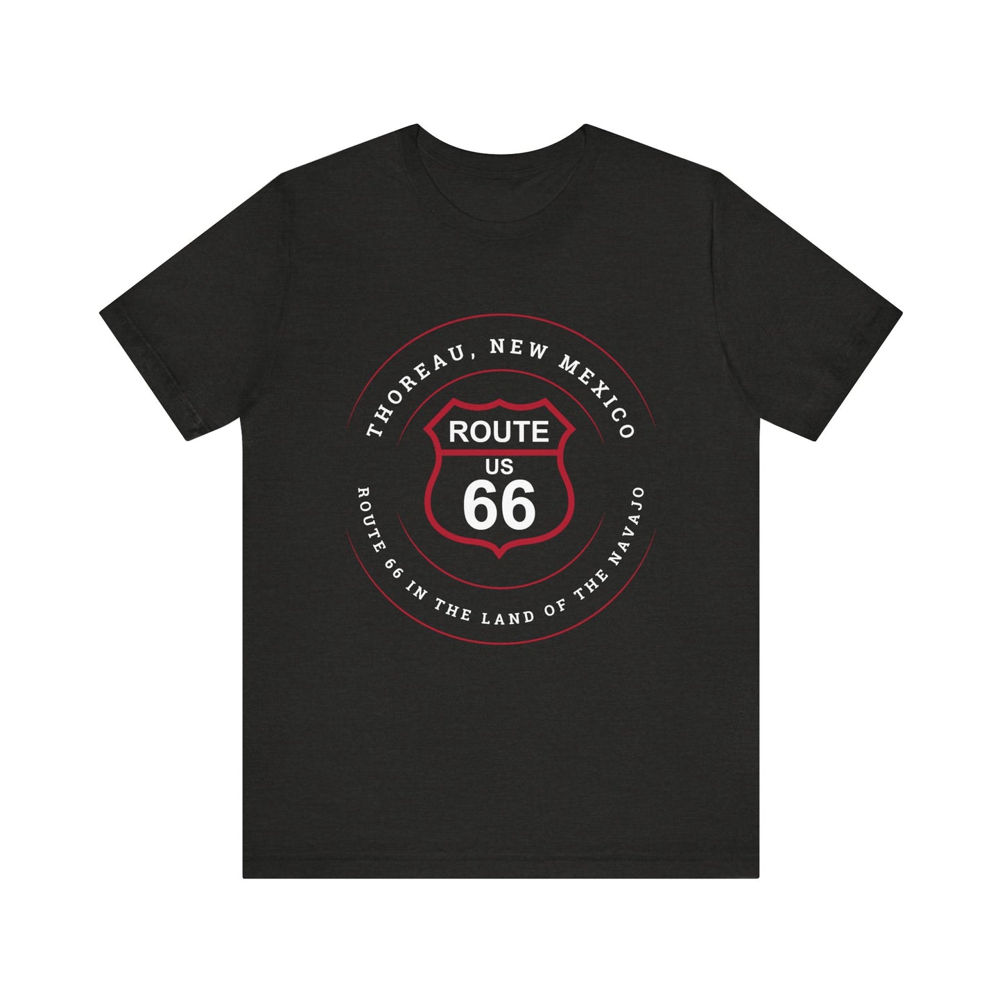 Black heather retro Route 66 unisex jersey tee with Thoreau, NM: "Route 66 in the Land of the Navajo" design