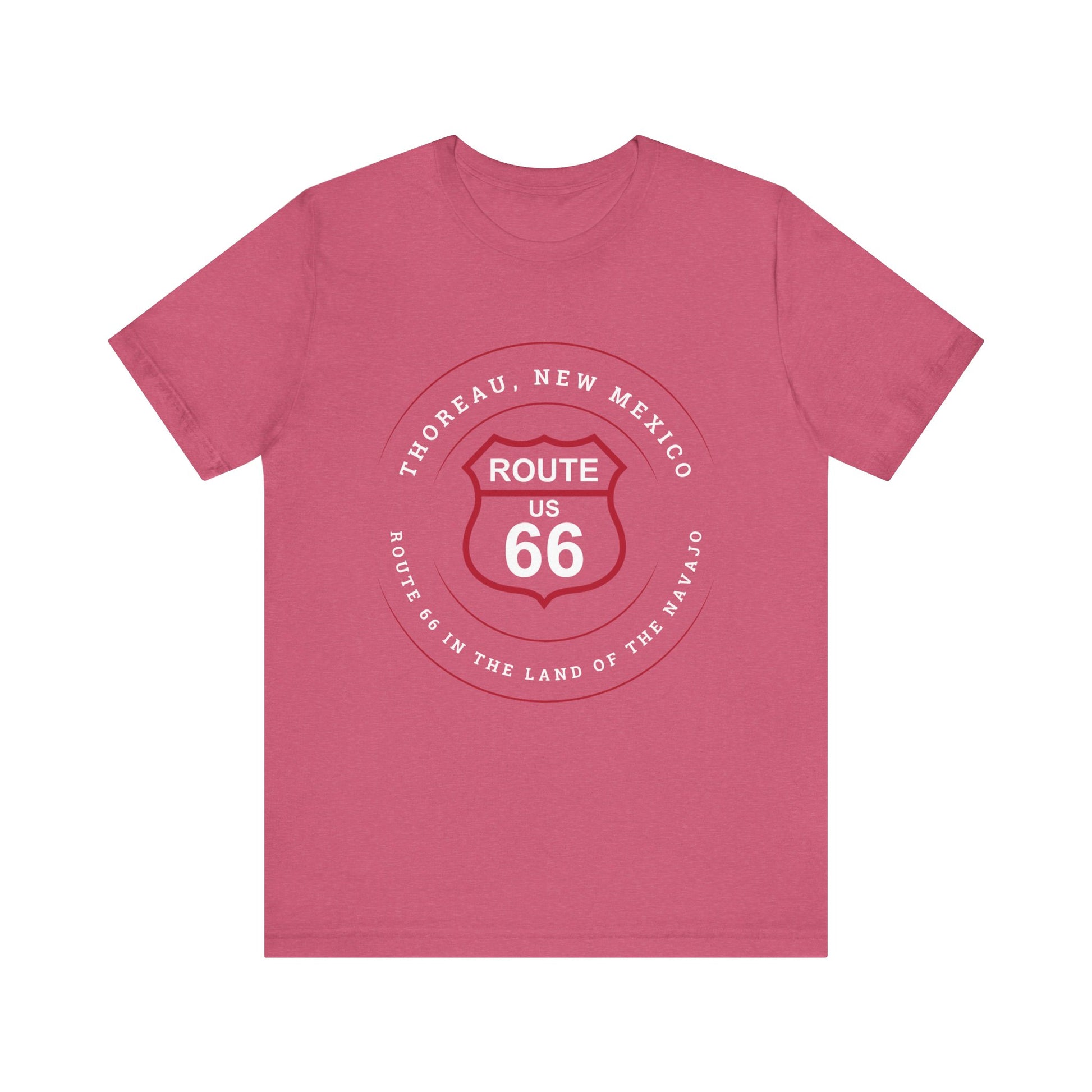Heather raspberry retro Route 66 unisex jersey tee with Thoreau, NM: "Route 66 in the Land of the Navajo" design