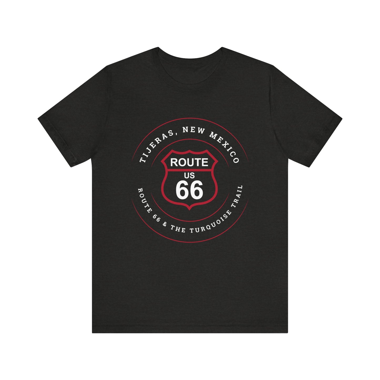 Black heather retro Route 66 unisex jersey tee with Tijeras, NM: "Route 66 and The Turquoise Trail" design