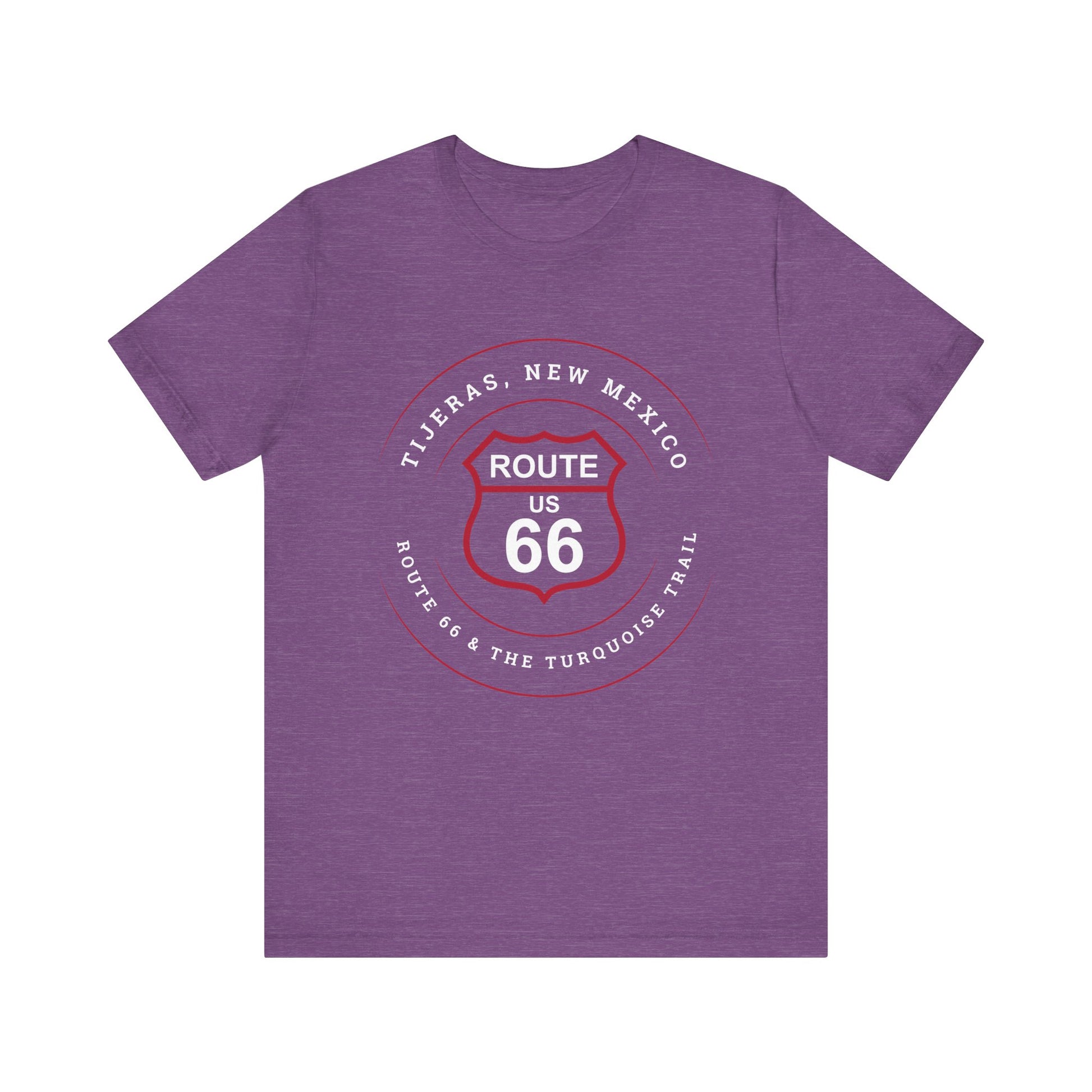 Heather team purple retro Route 66 unisex jersey tee with Tijeras, NM: "Route 66 and The Turquoise Trail" design