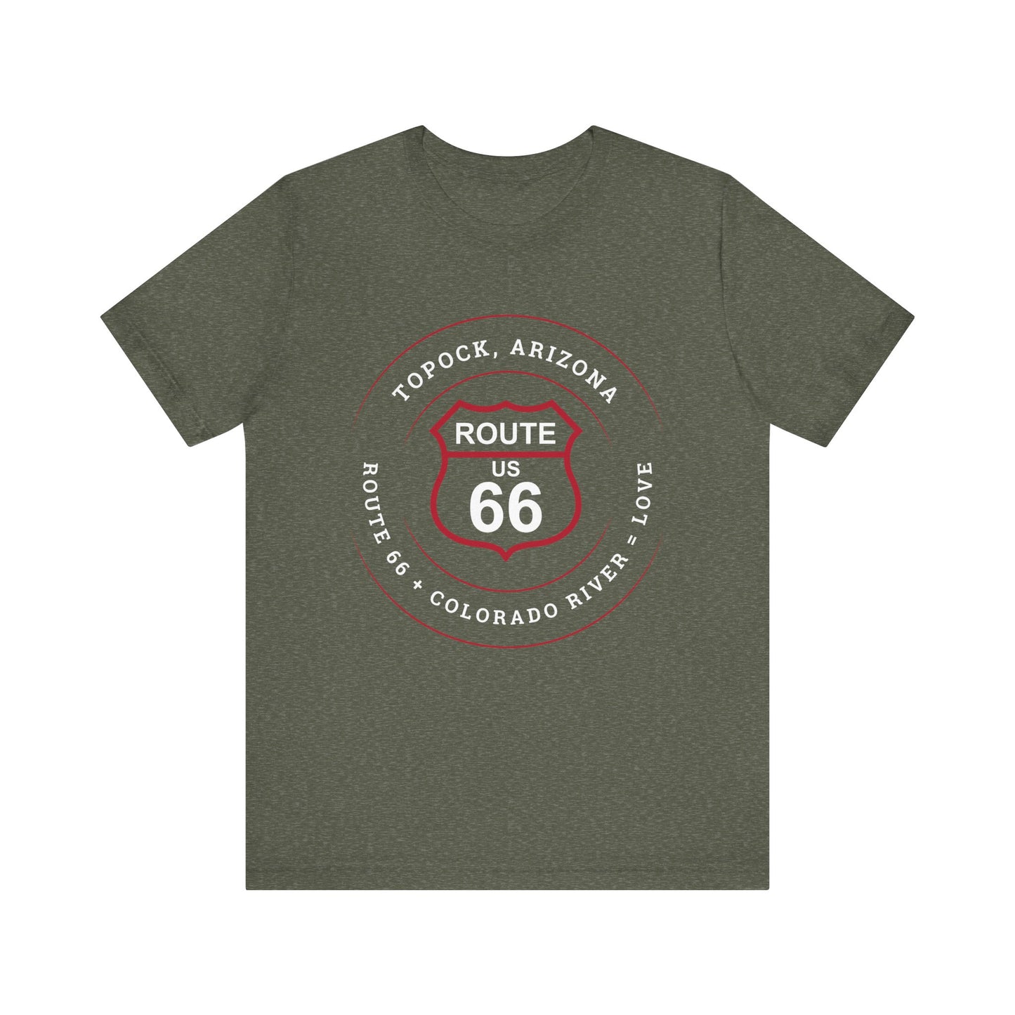Heather military green retro Route 66 unisex jersey tee with Topock, AZ: "Route 66 + Colorado River = Love" design