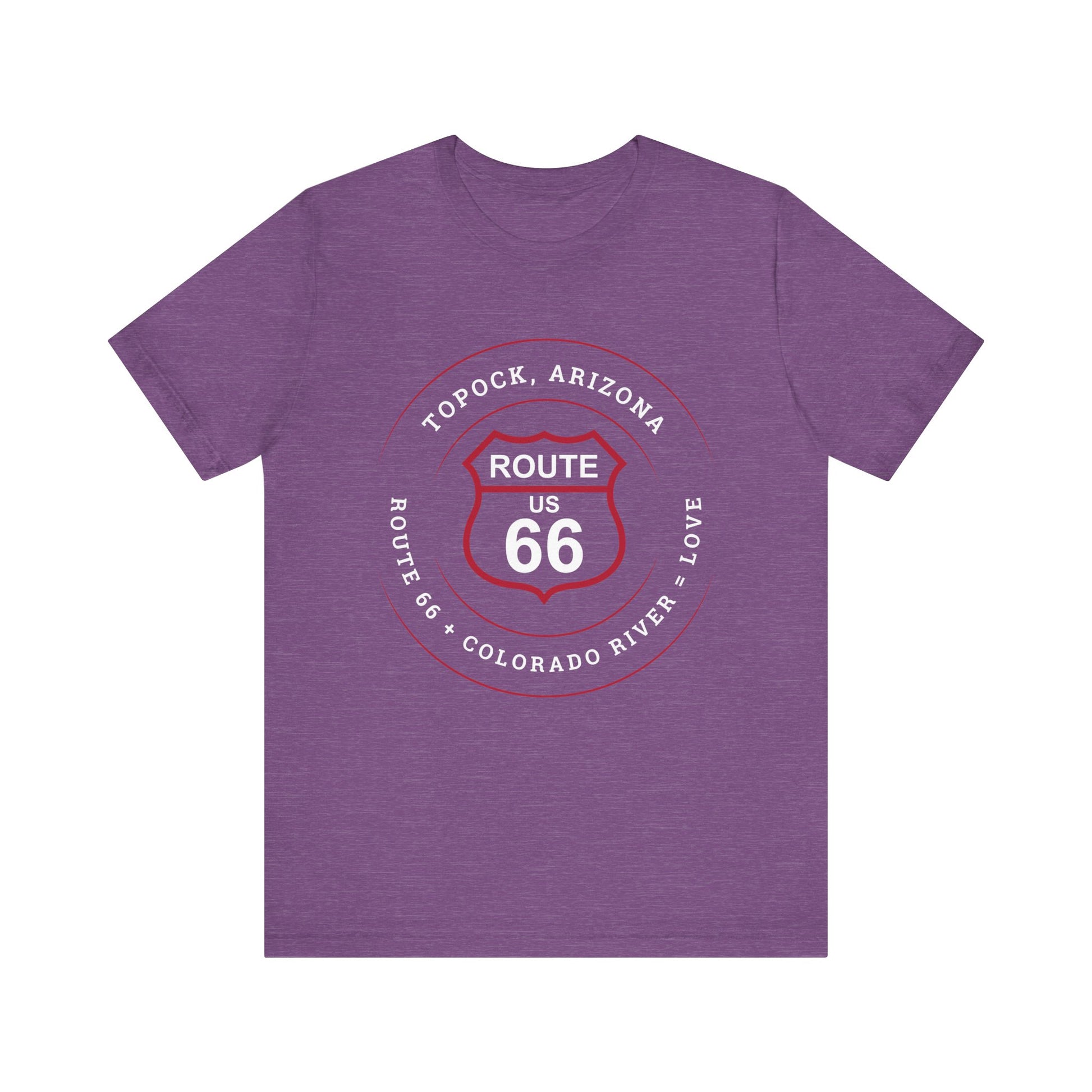 Heather team purple retro Route 66 unisex jersey tee with Topock, AZ: "Route 66 + Colorado River = Love" design