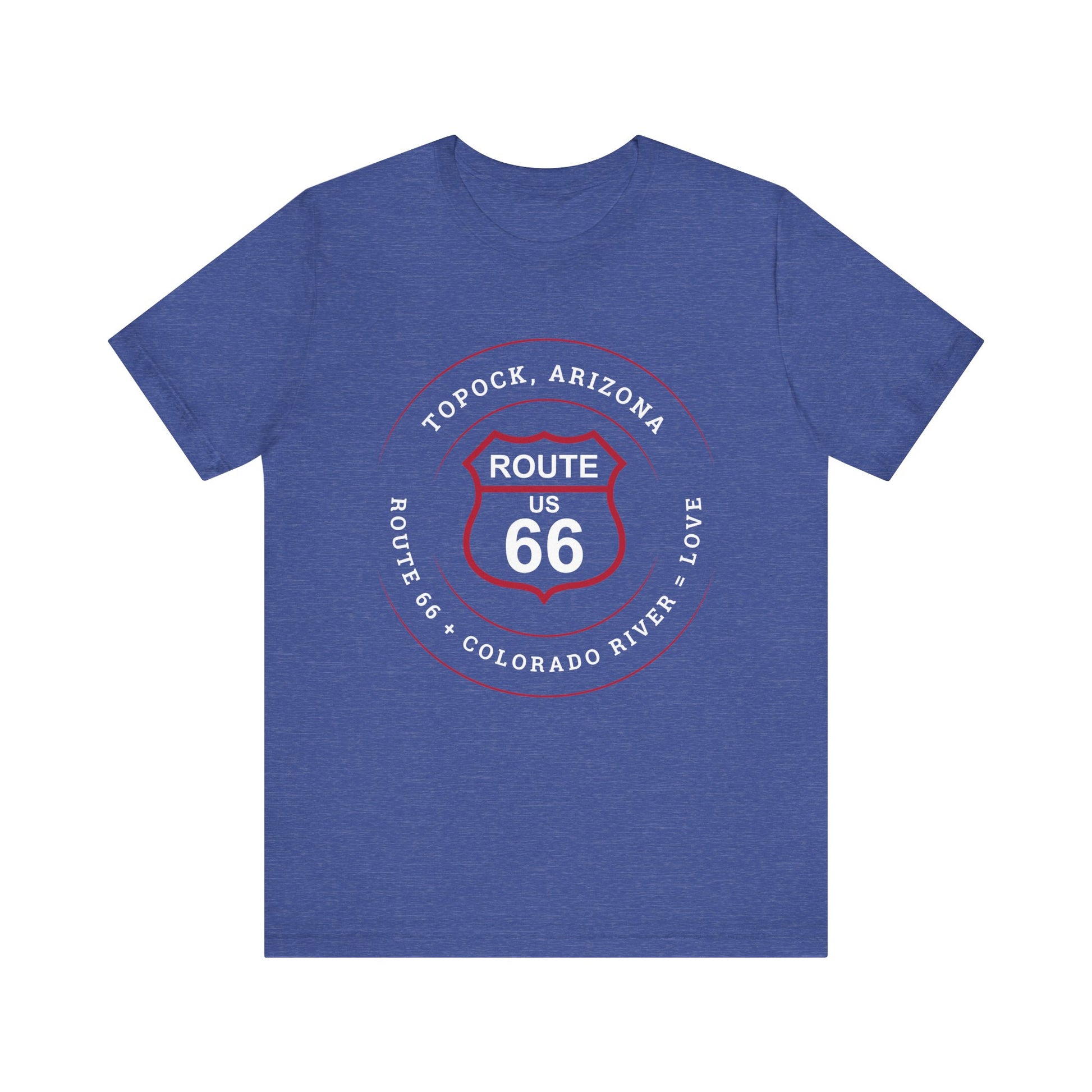 Heather true royal retro Route 66 unisex jersey tee with Topock, AZ: "Route 66 + Colorado River = Love" design