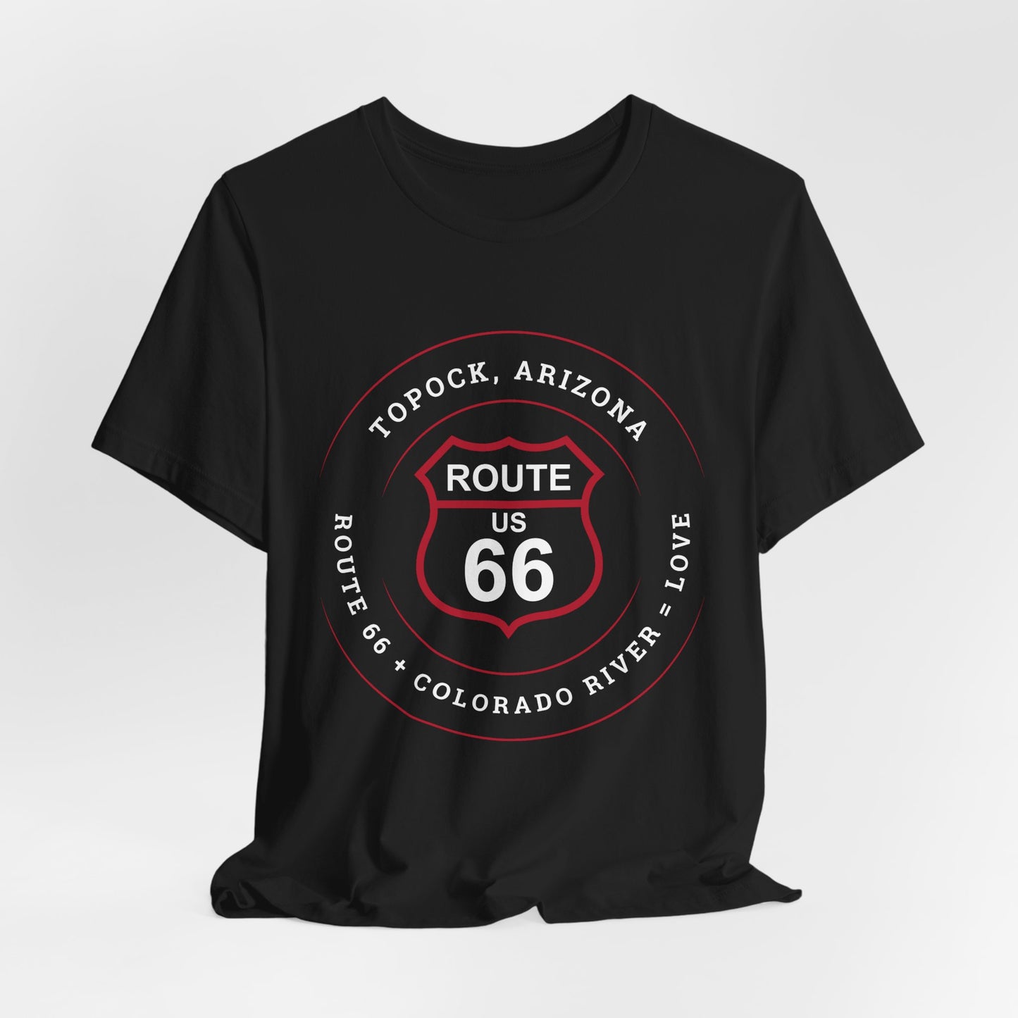 Vintage black retro Route 66 unisex jersey tee with Topock, AZ: "Route 66 + Colorado River = Love" design