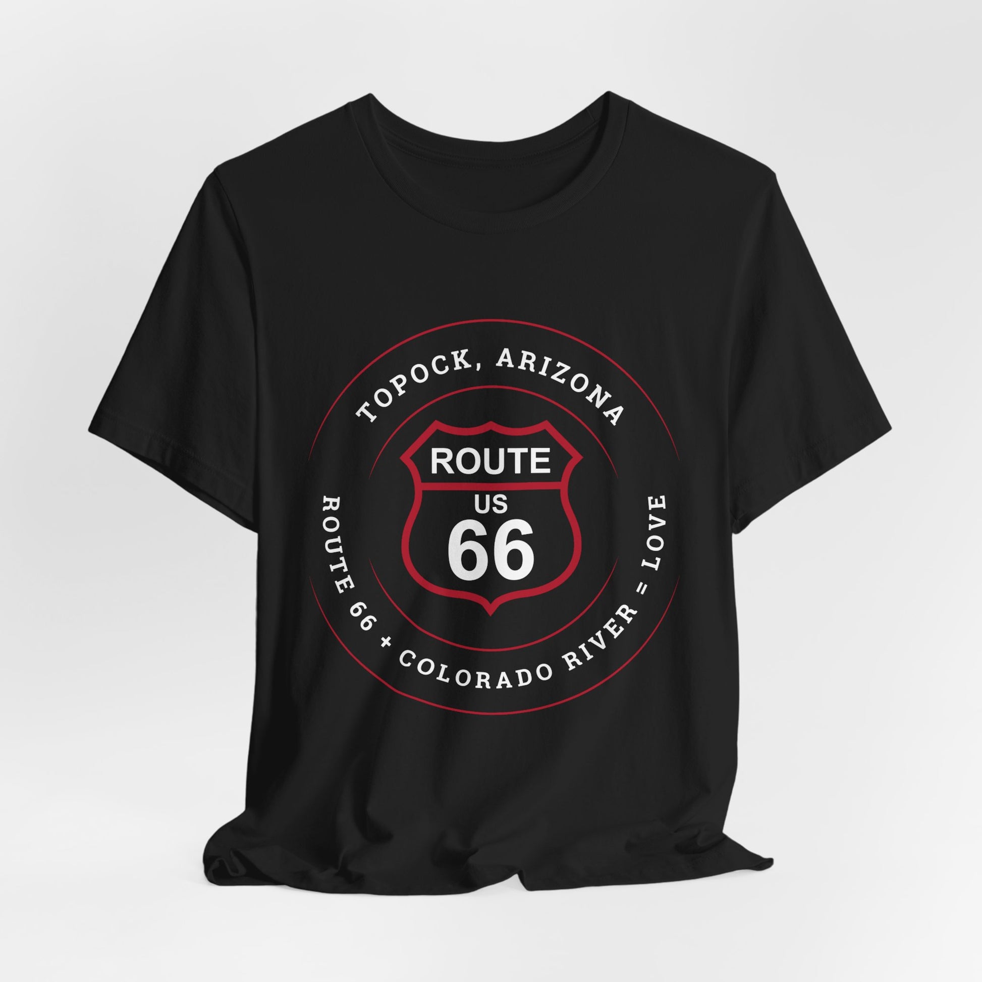 Vintage black retro Route 66 unisex jersey tee with Topock, AZ: "Route 66 + Colorado River = Love" design